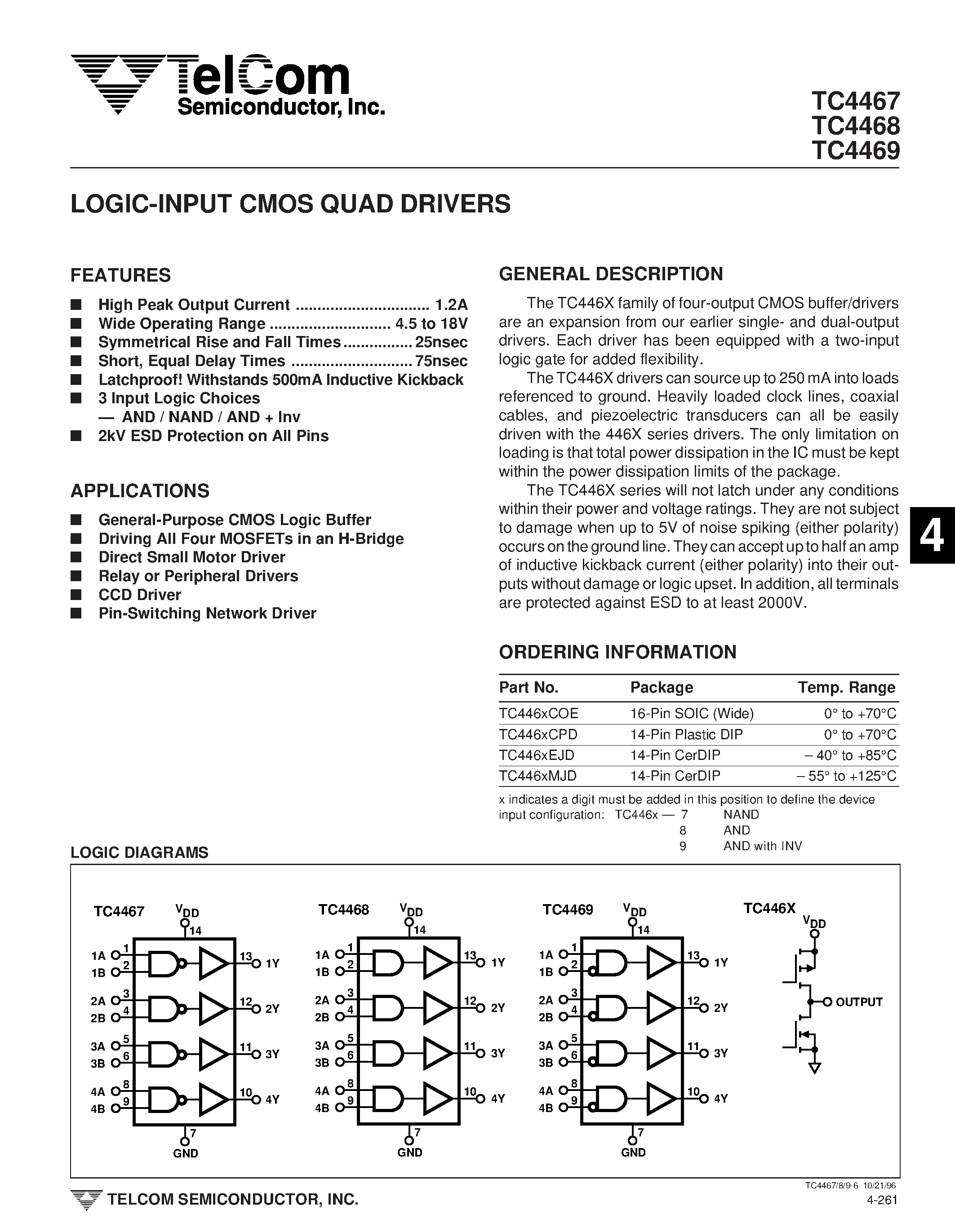 Даташит TC446x - Logic-Input CMOS Quad Drivers страница 1