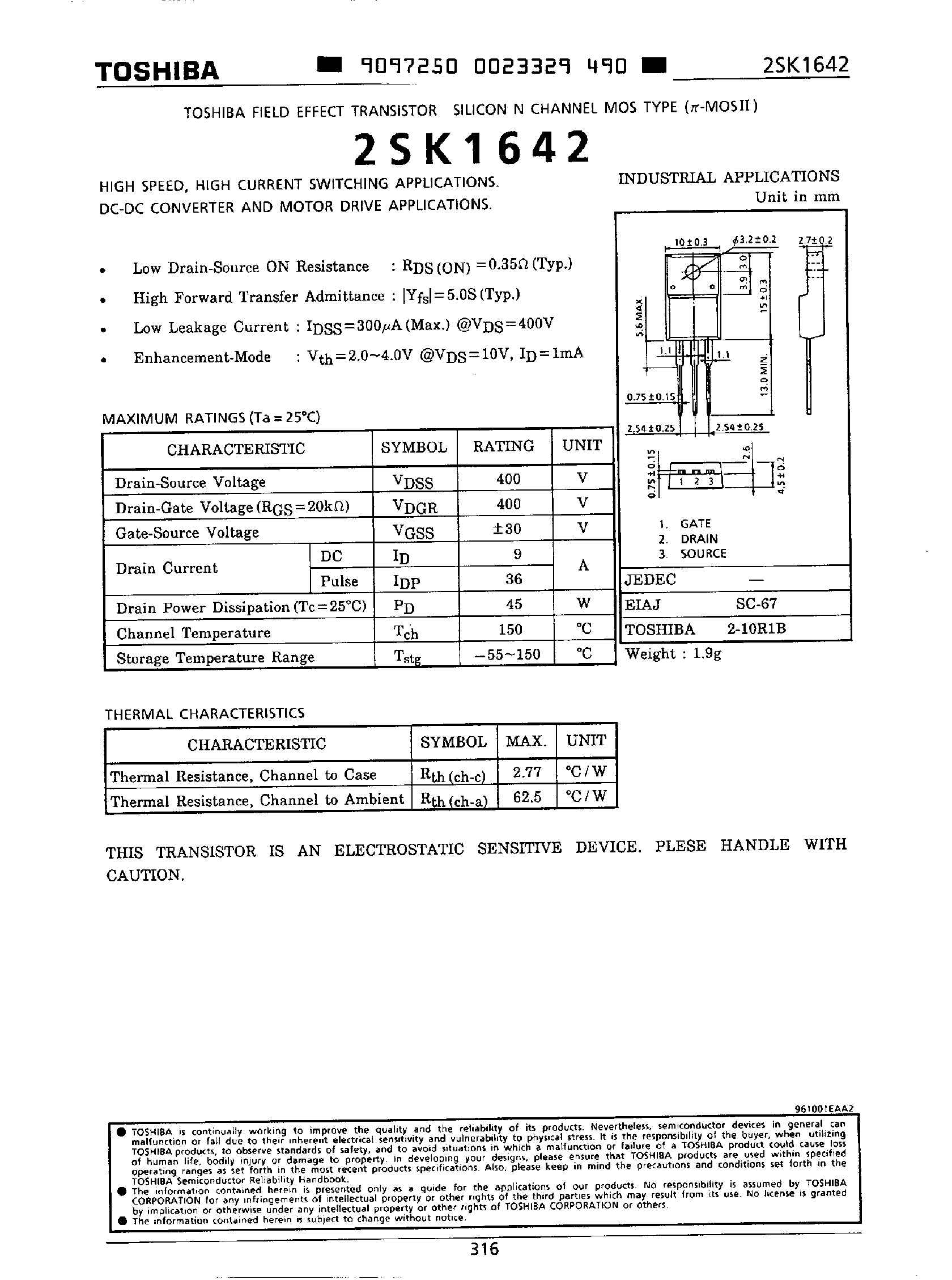 Datasheet 2SK1642 - DC/DC Converter and Motor Drive Applications page 1