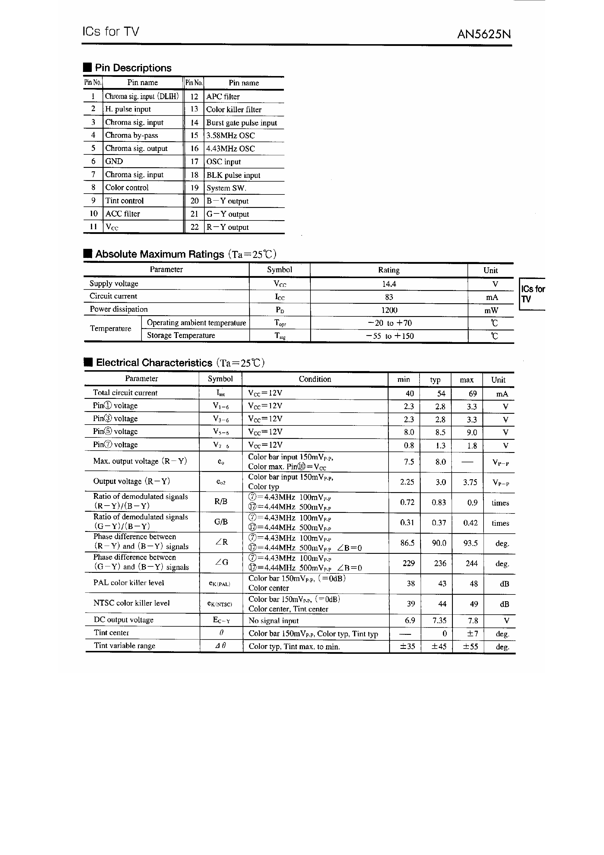 Даташит AN5625N - TV PAL/NTSC/M-NTSC Chrominance-Signal Processing IC страница 2