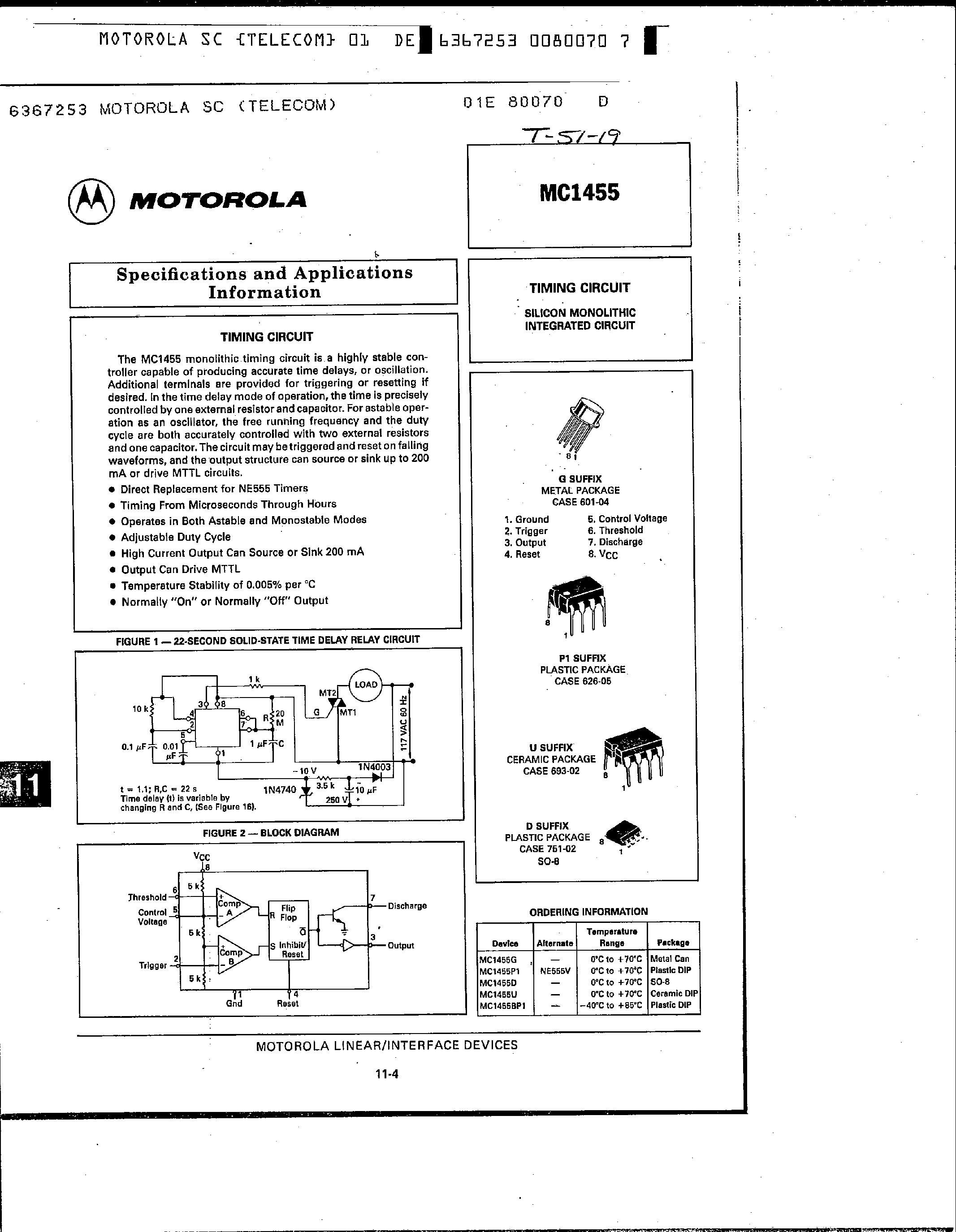 Даташит MC1455 - Timing Circuit страница 1