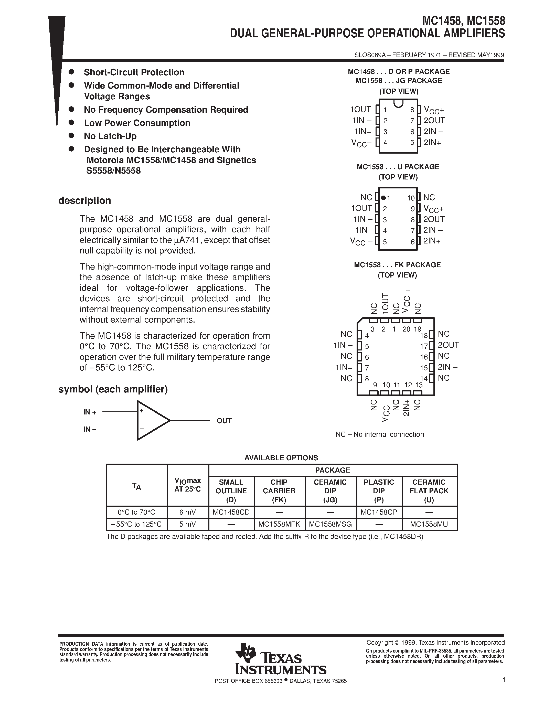 Datasheet MC1458 - DUAL OPERATIONAL AMPLIFIERS page 1