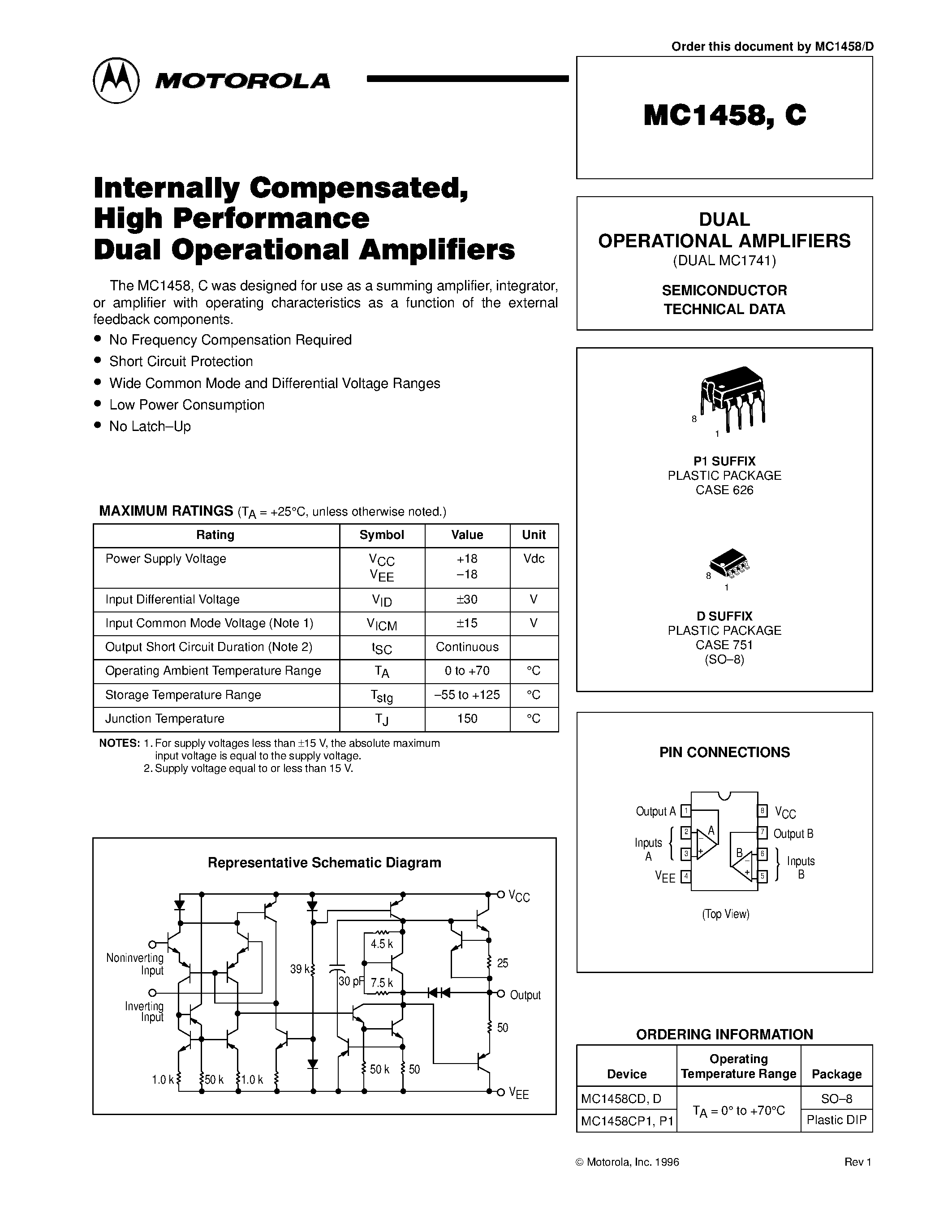 Даташит MC1458 - DUAL OPERATIONAL AMPLIFIERS страница 1