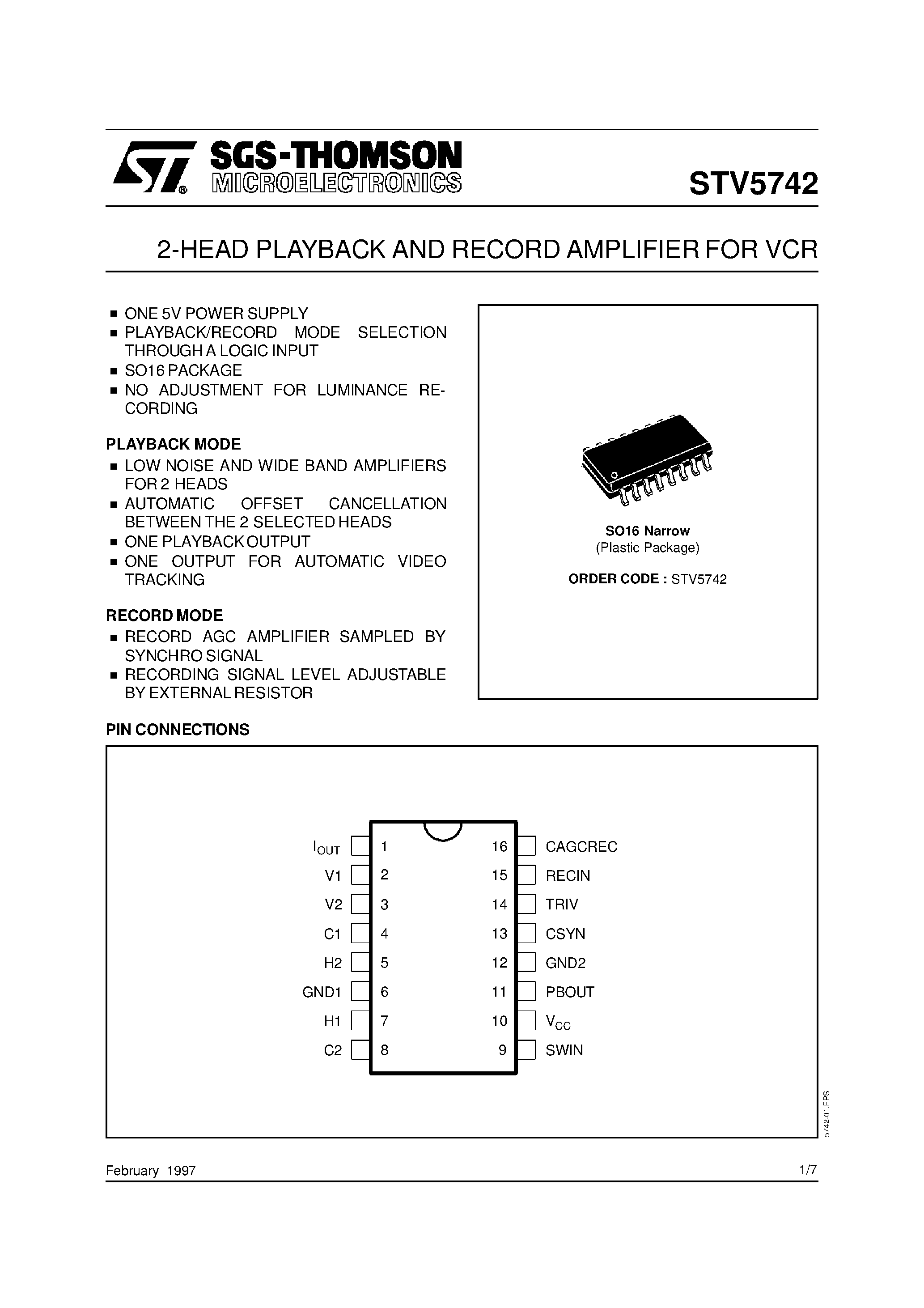 Даташит STV5742 - 2-HEAD PLAYBACK AND RECORD AMPLIFIER FOR VCR страница 1