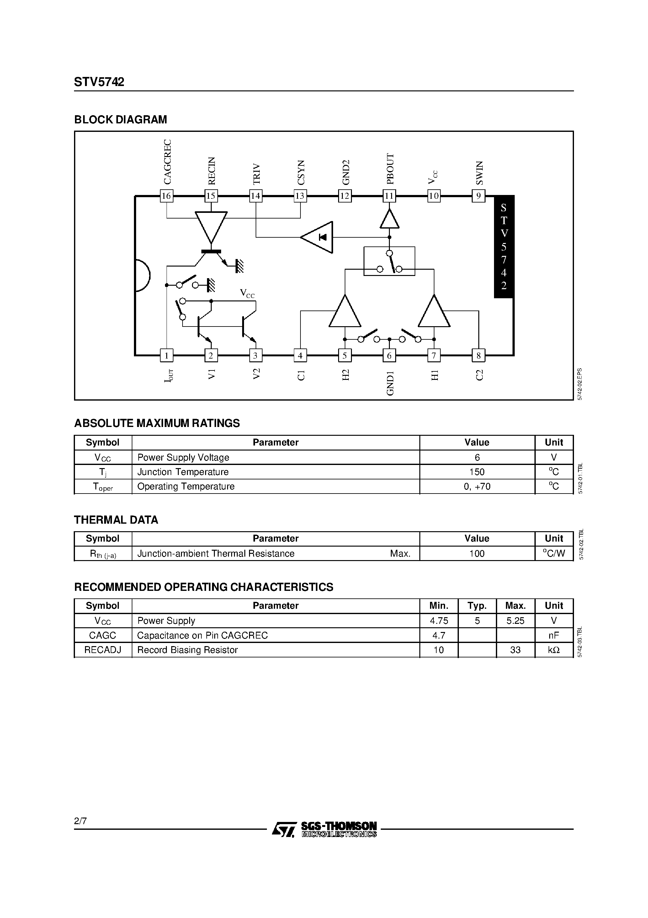 Даташит STV5742 - 2-HEAD PLAYBACK AND RECORD AMPLIFIER FOR VCR страница 2