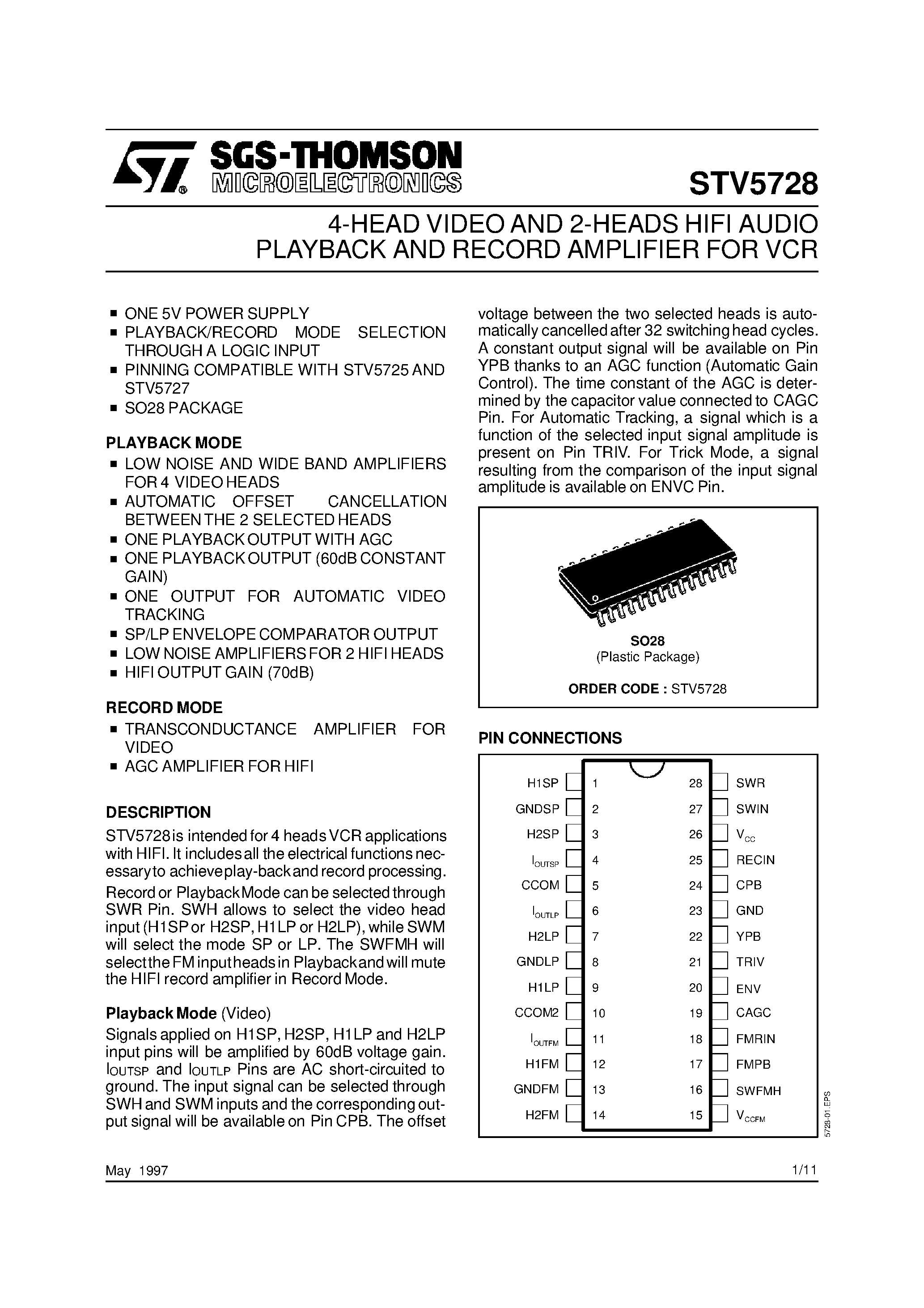 Даташит STV5728 - 4-HEAD VIDEO AND 2-HEADS HIFI AUDIO PLAYBACK AND RECORD AMPLIFIER FOR VCR страница 1