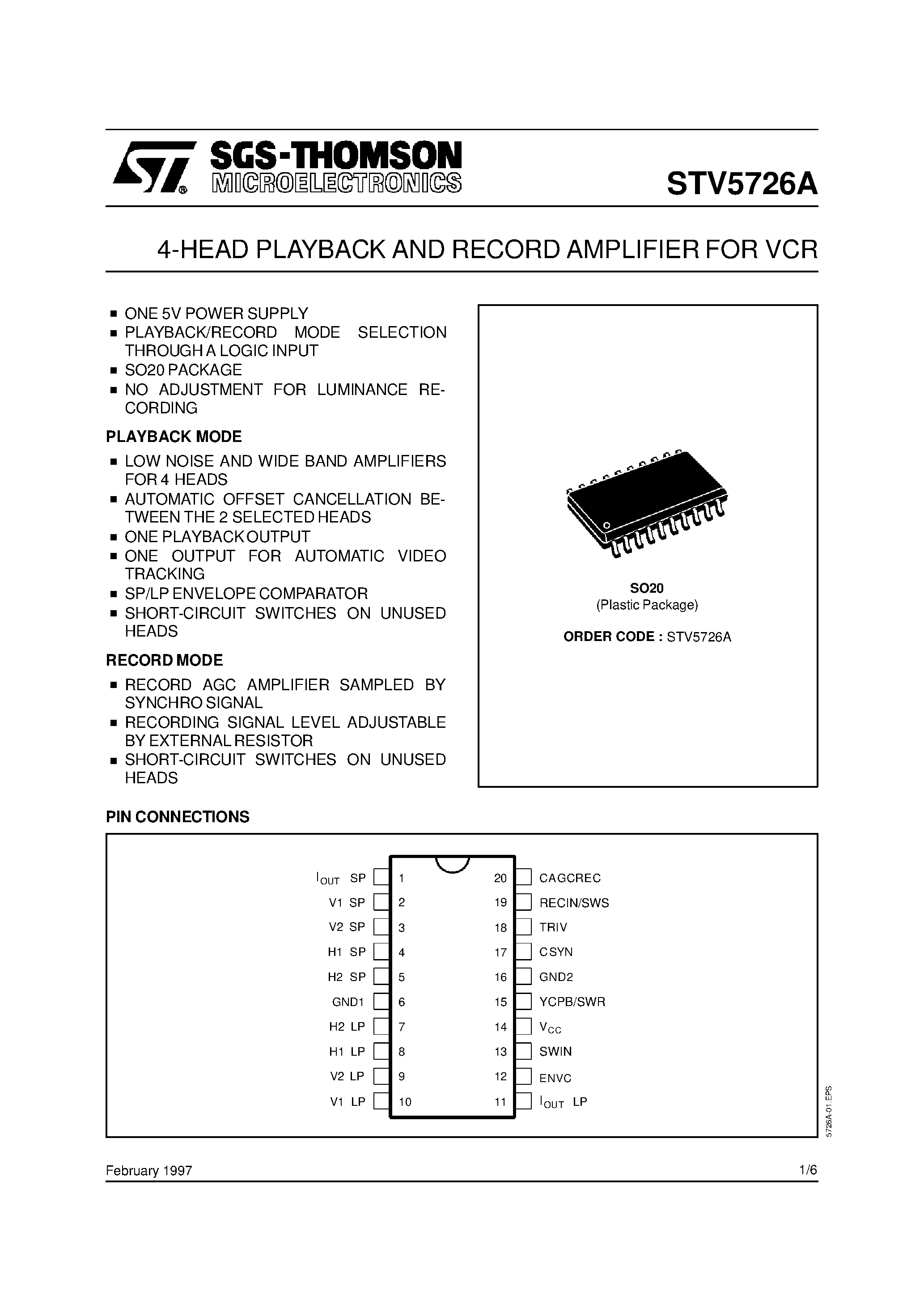 Даташит STV5726A - 2-HEAD PLAYBACK AND RECORD AMPLIFIER FOR VCR страница 1