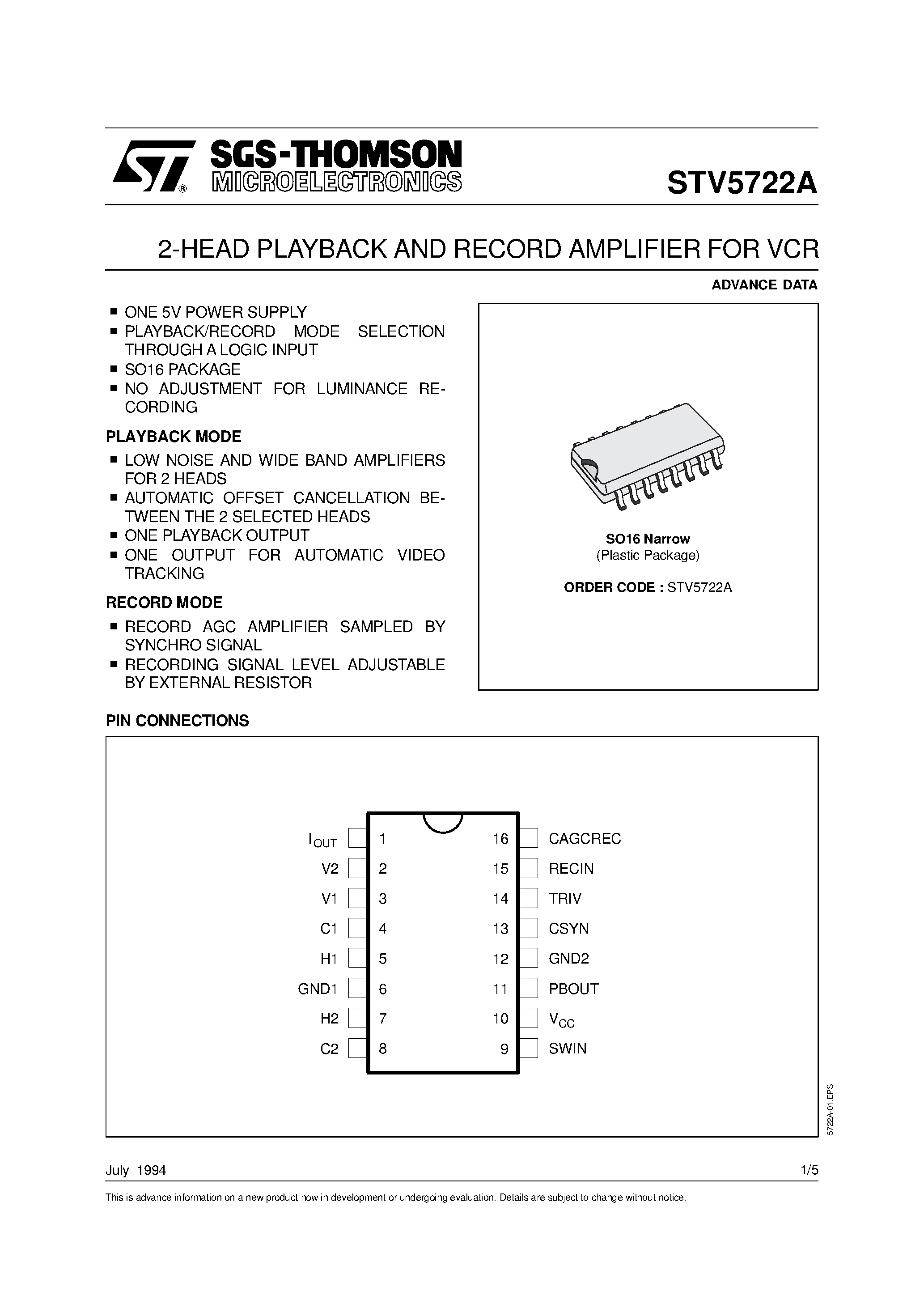 Даташит STV5722A - 2-HEAD PLAYBACK AND RECORD AMPLIFIER FOR VCR страница 1