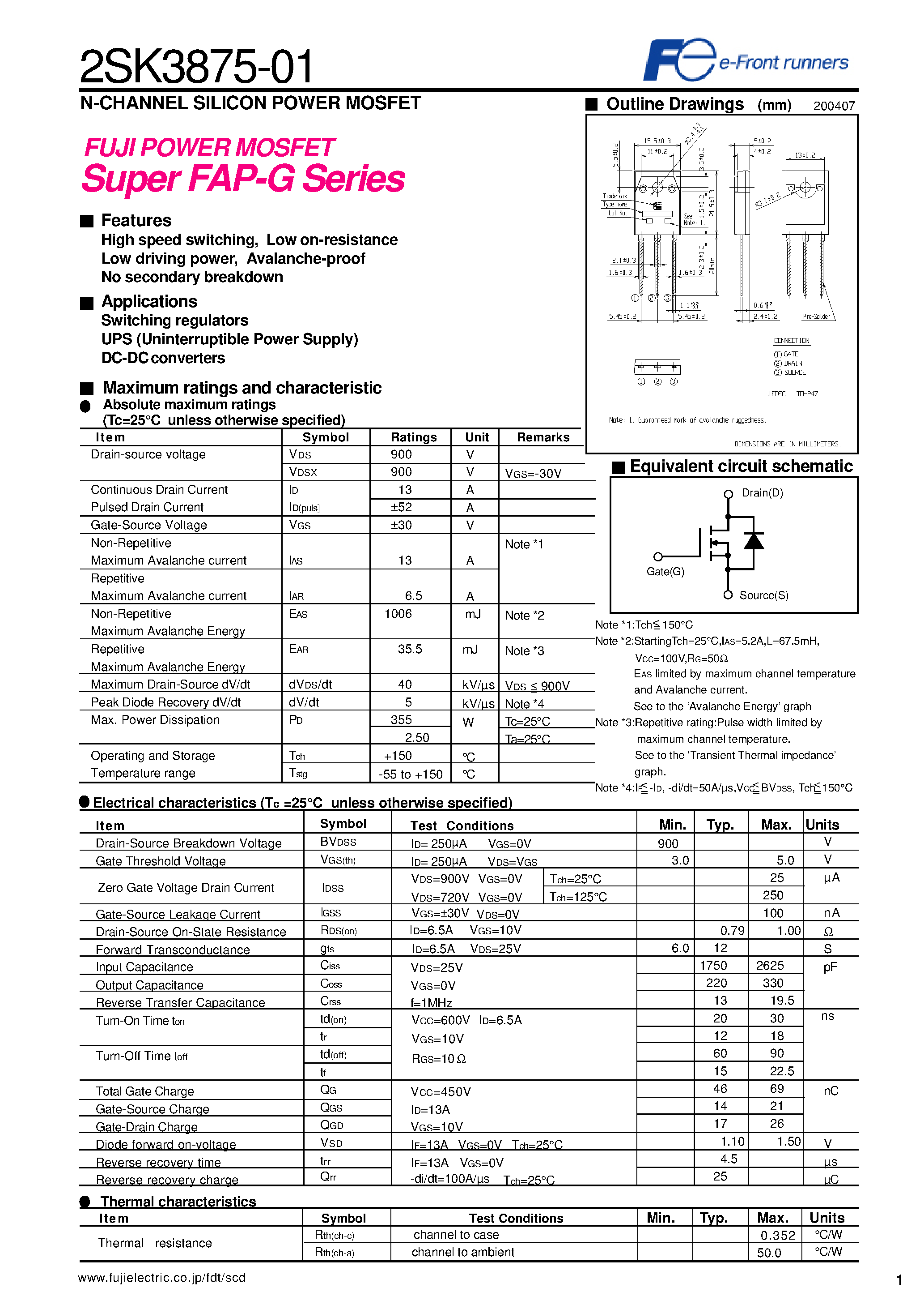 Даташит 2SK3875-01 - Power MOSFET / Super FAP-G Series страница 1