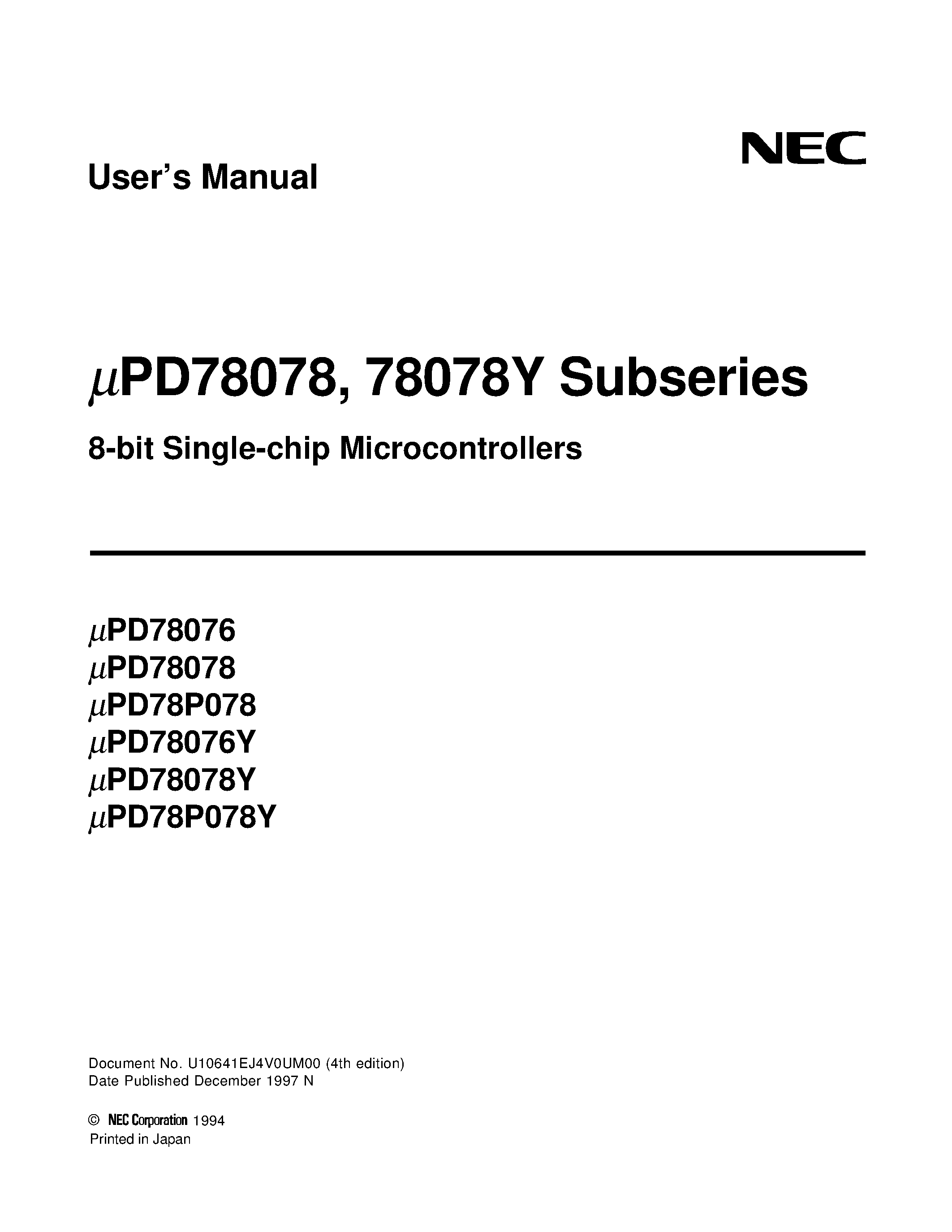 Даташит UPD78P078 - 8 Bit Single-Chip Microcontrollers страница 1