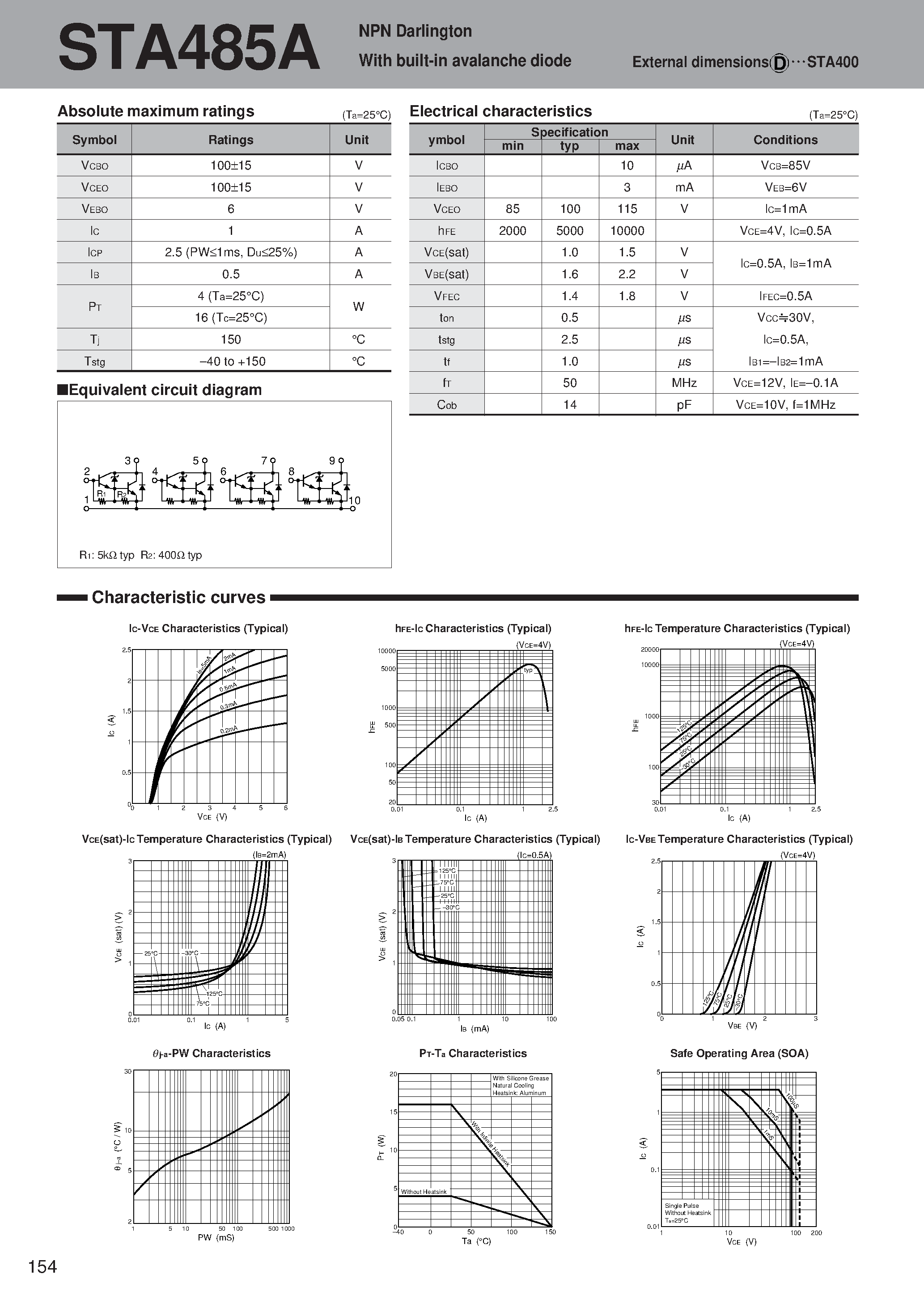 Даташит STA485A - NPN Darlington With built-in avalanche diode страница 1