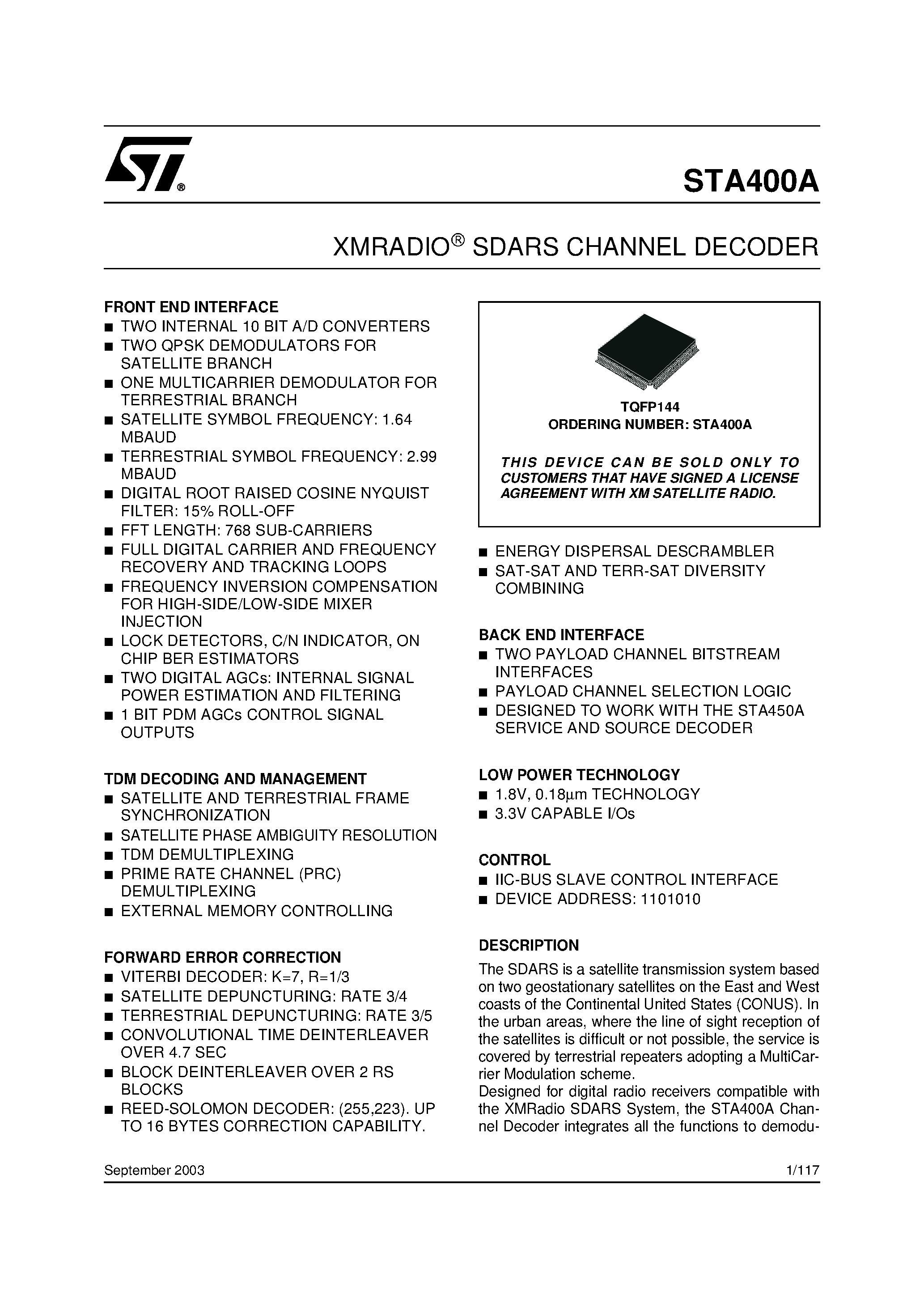 Даташит STA400A - XMRADIO SDARS CHANNEL DECODER страница 1