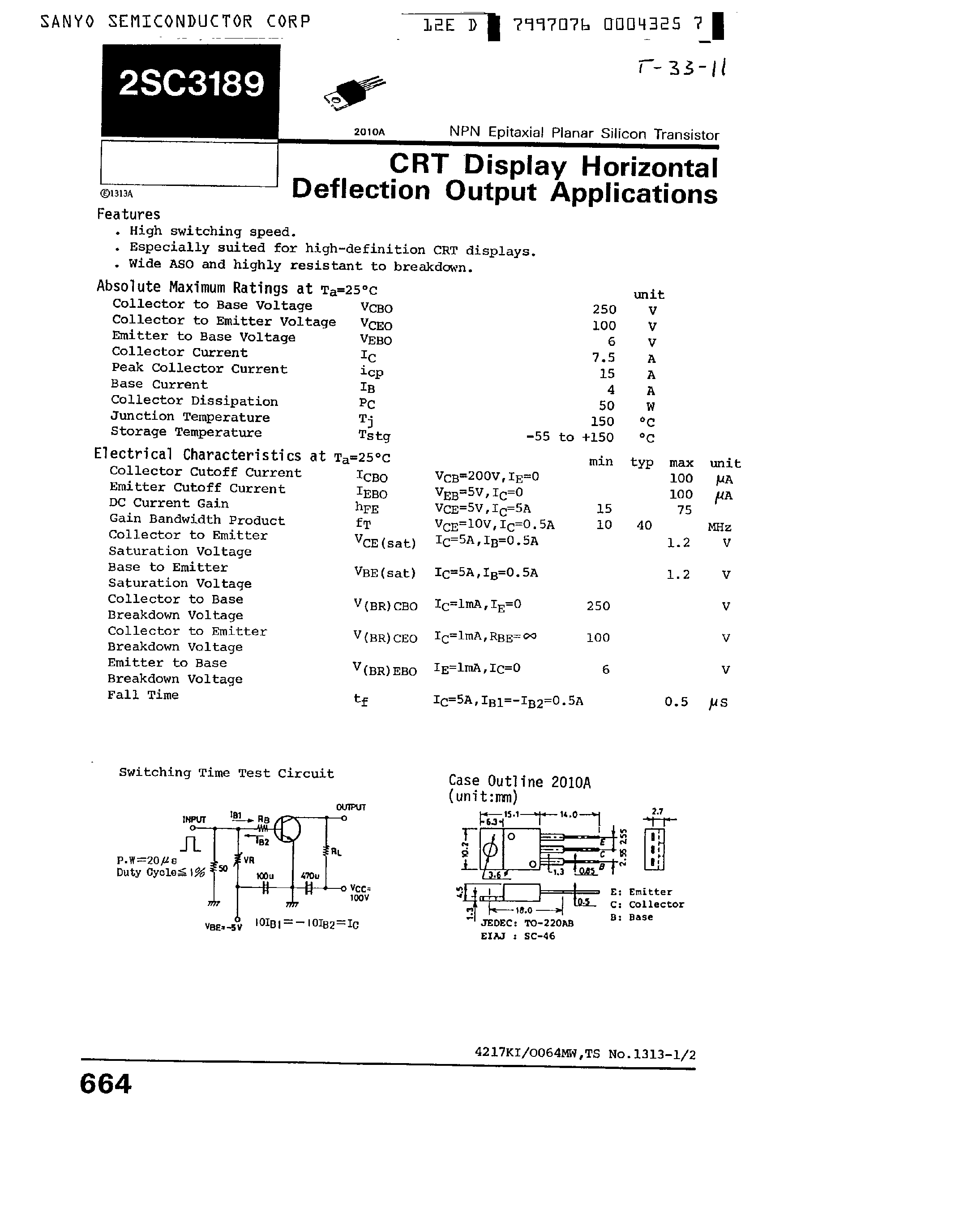 Даташит 2SC3189 - CRT Display Gorizontal Deflection Output Applications страница 1