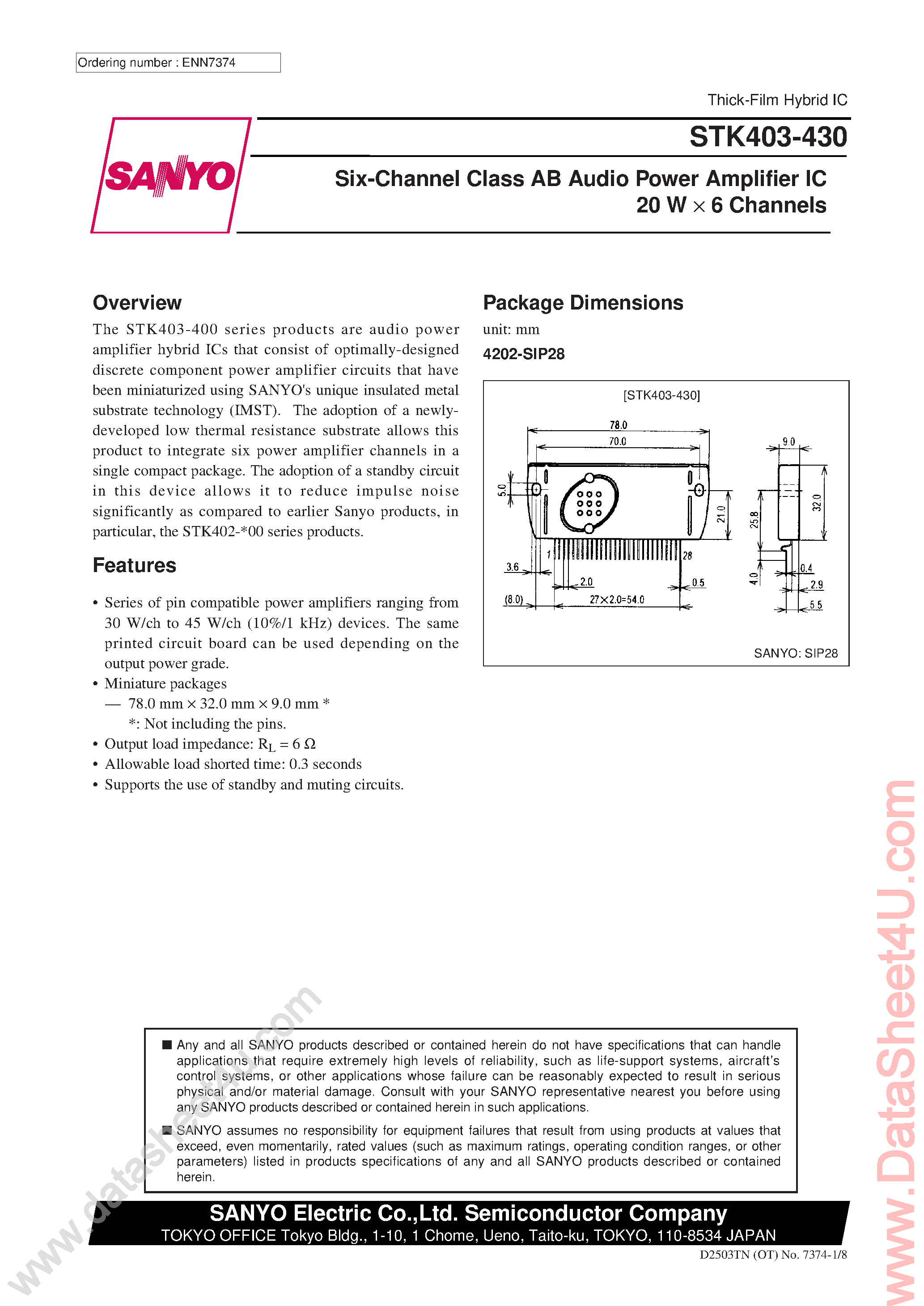 Datasheet STK403-430 - 6-Channel Class AB Audio Power Amplifier IC page 1