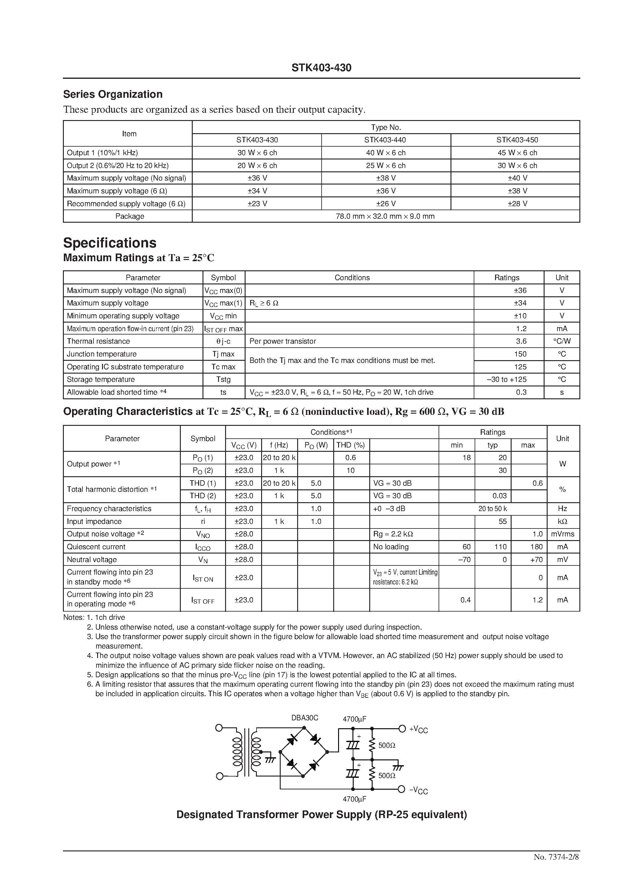 Datasheet STK403-430 - 6-Channel Class AB Audio Power Amplifier IC page 2