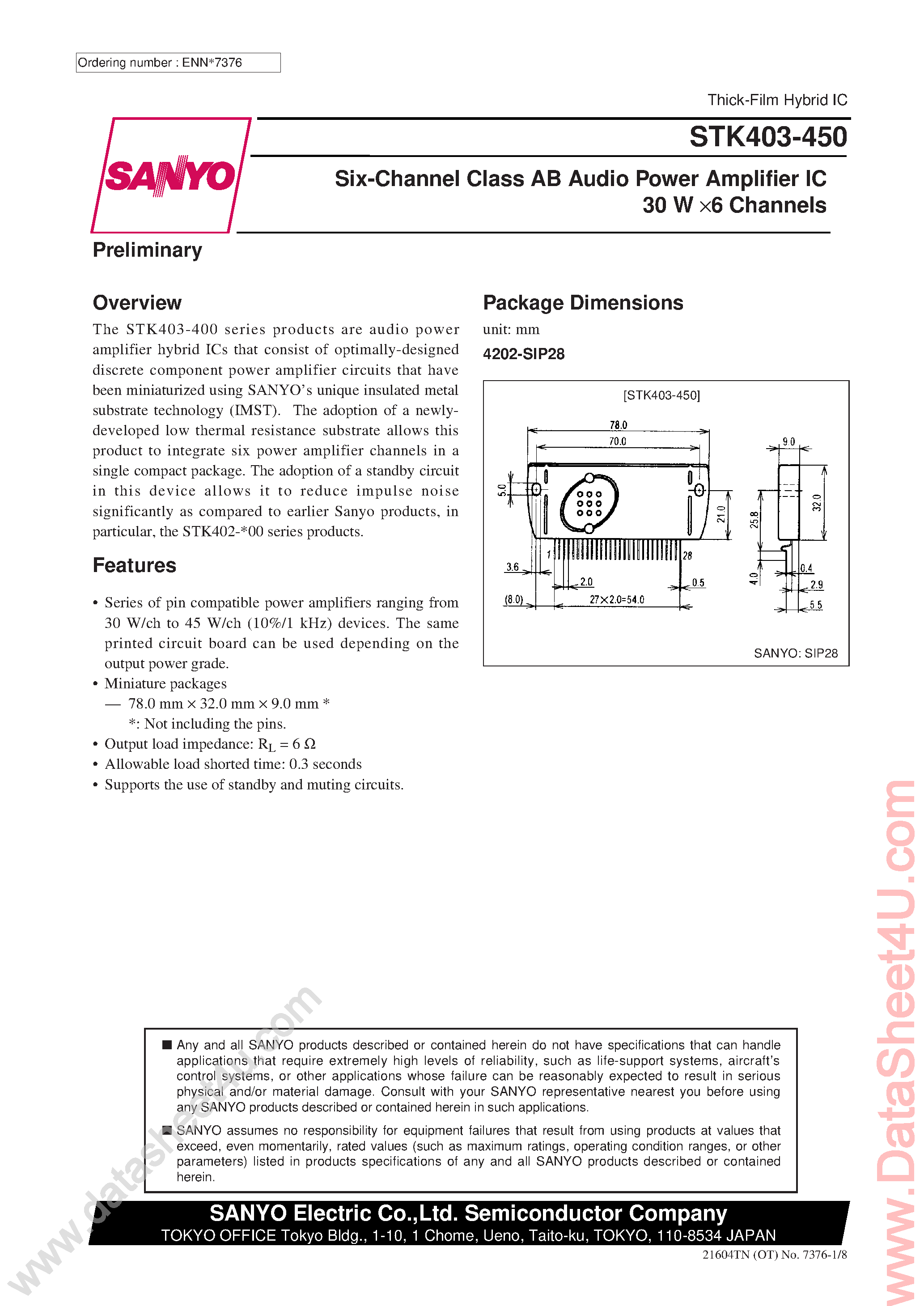 Datasheet STK403-450 - 6-Channel Class AB Audio Power Amplifier IC page 1