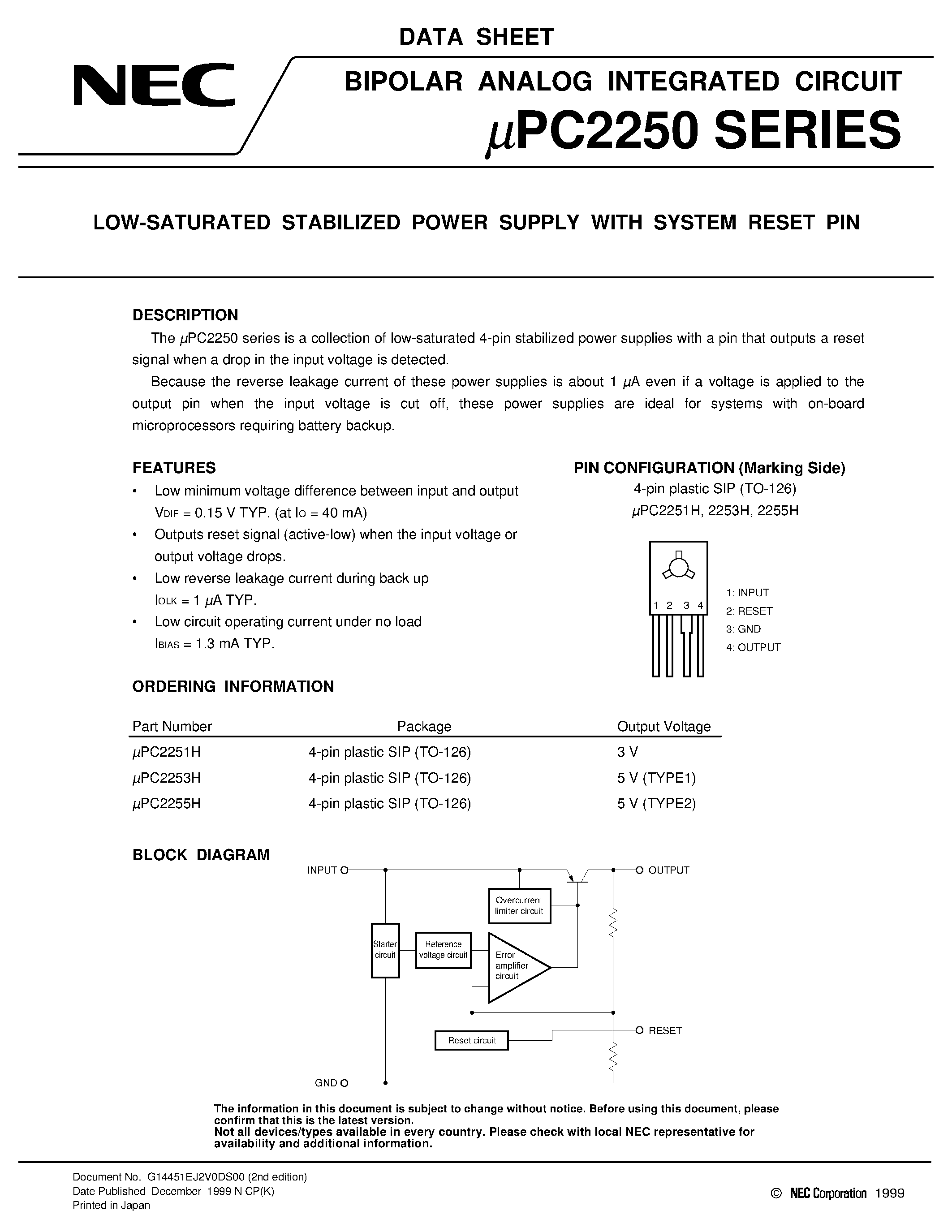 Даташит UPC2255 - (UPC2250 Series) Low Staturated Stabilized Power Supply with System Reset Pin страница 1