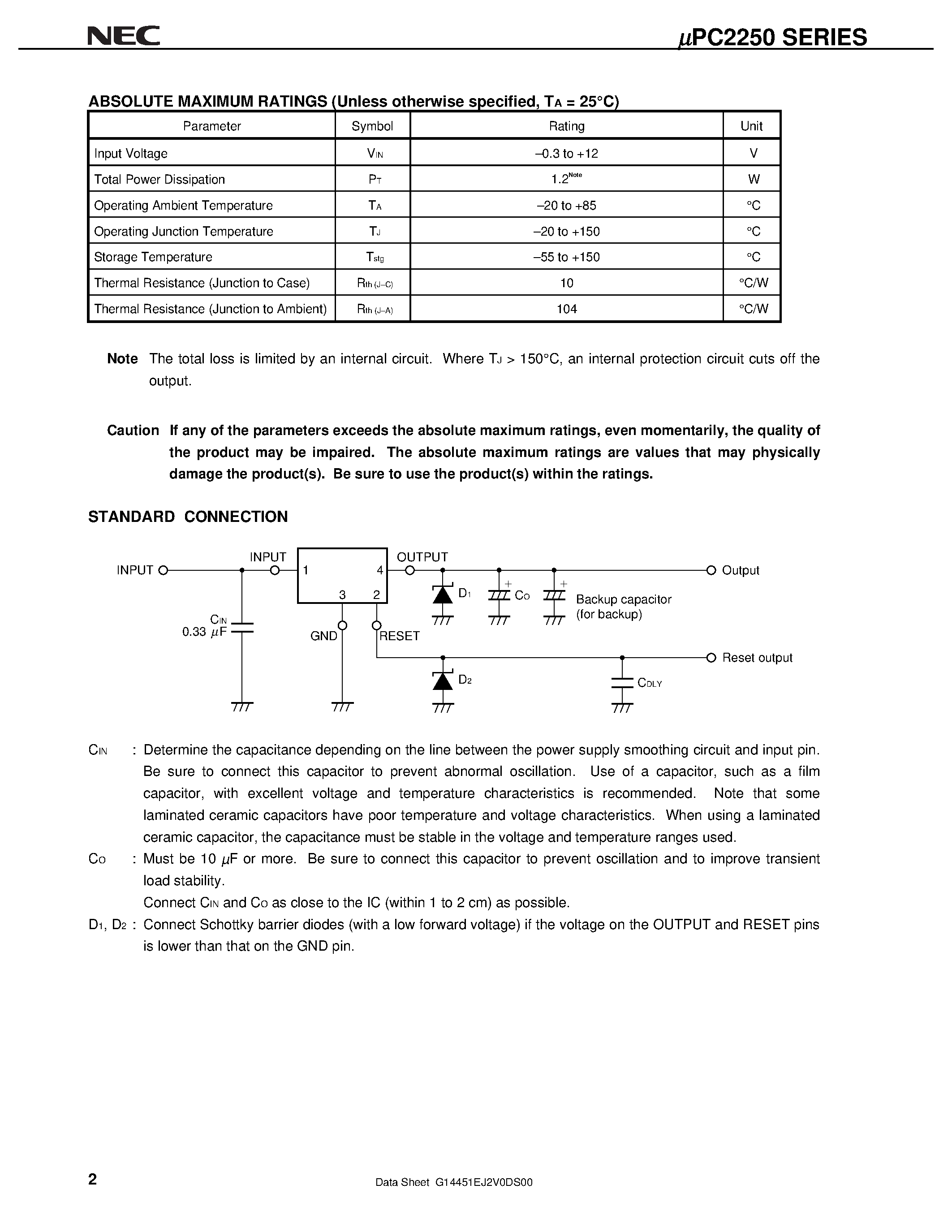 Даташит UPC2255 - (UPC2250 Series) Low Staturated Stabilized Power Supply with System Reset Pin страница 2