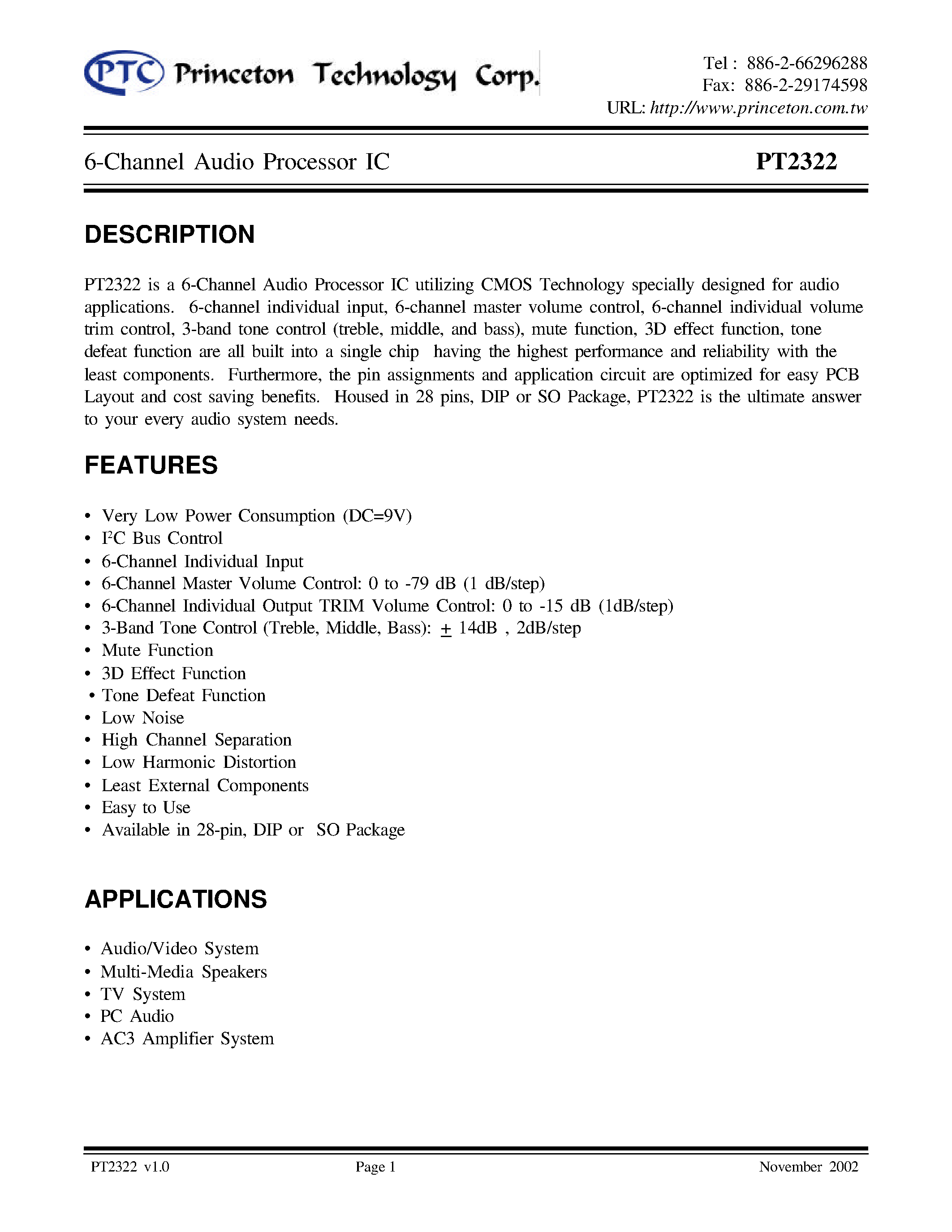 Даташит PT2322 - 6-Channel Audio Processor IC страница 1