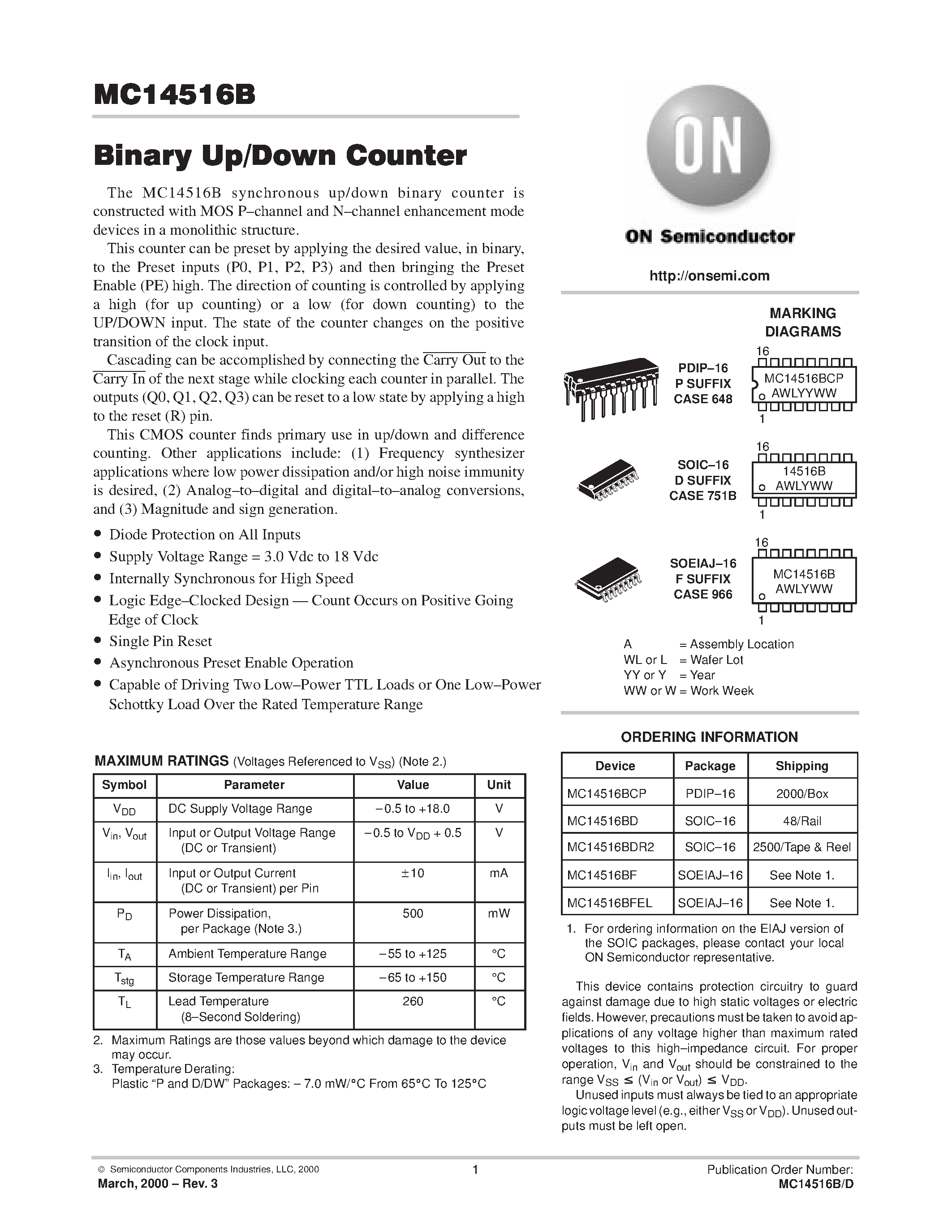 Даташит MC14516B - Binary Up/Down Counter страница 1