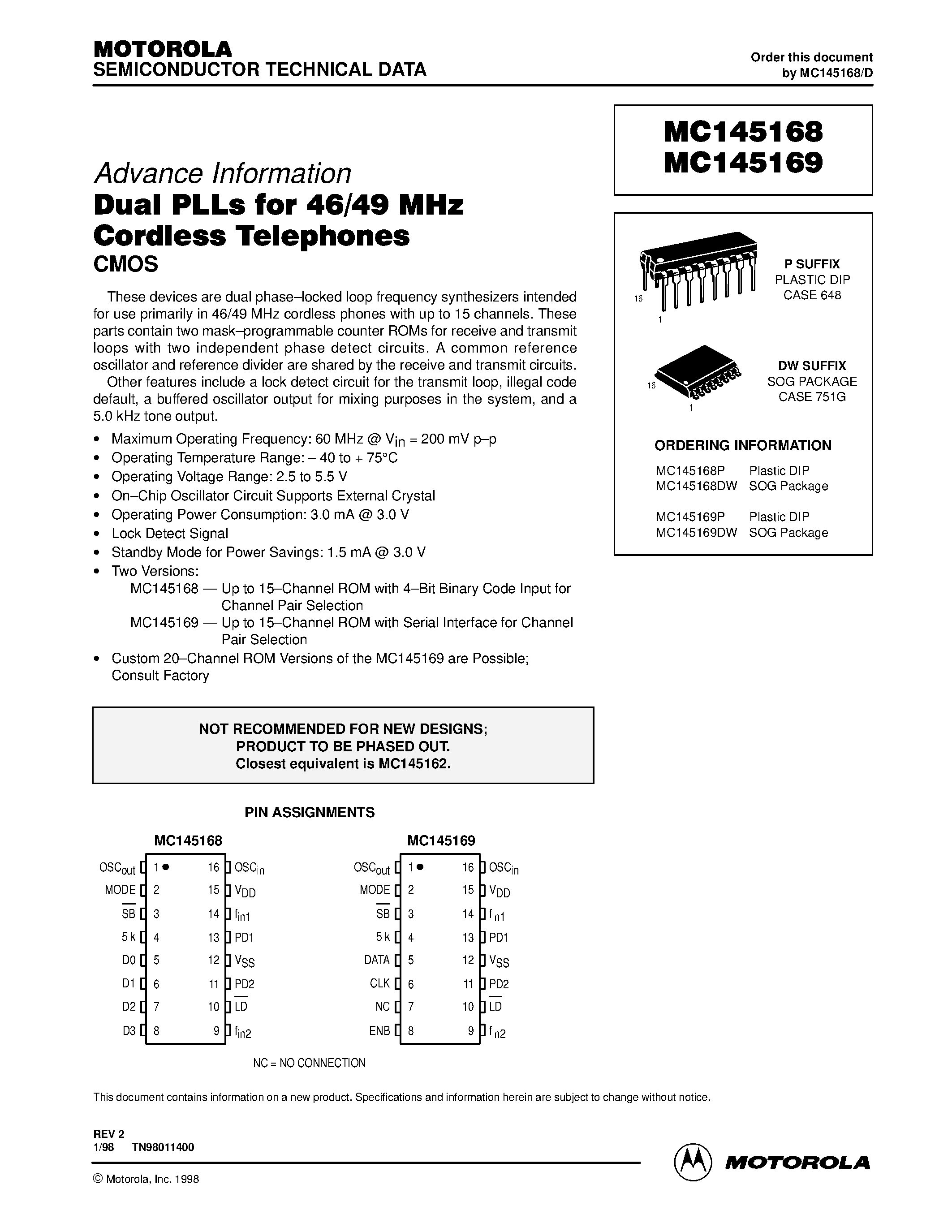 Даташит MC145169 - Dual PLLs for 46/49 MHz Cordless Telephones страница 1