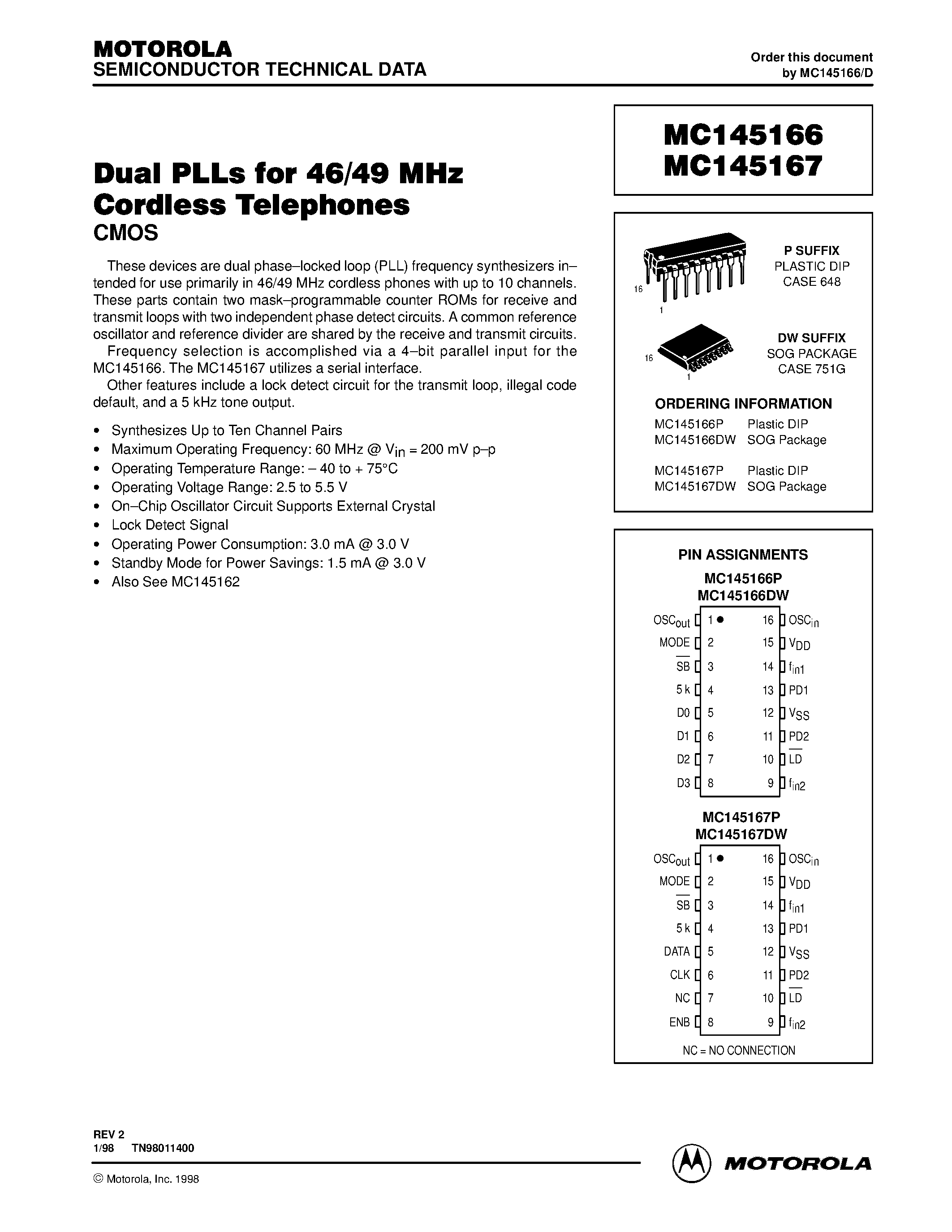 Даташит MC145166 - Dual PLLs for 46/49 MHz Cordless Telephones страница 1