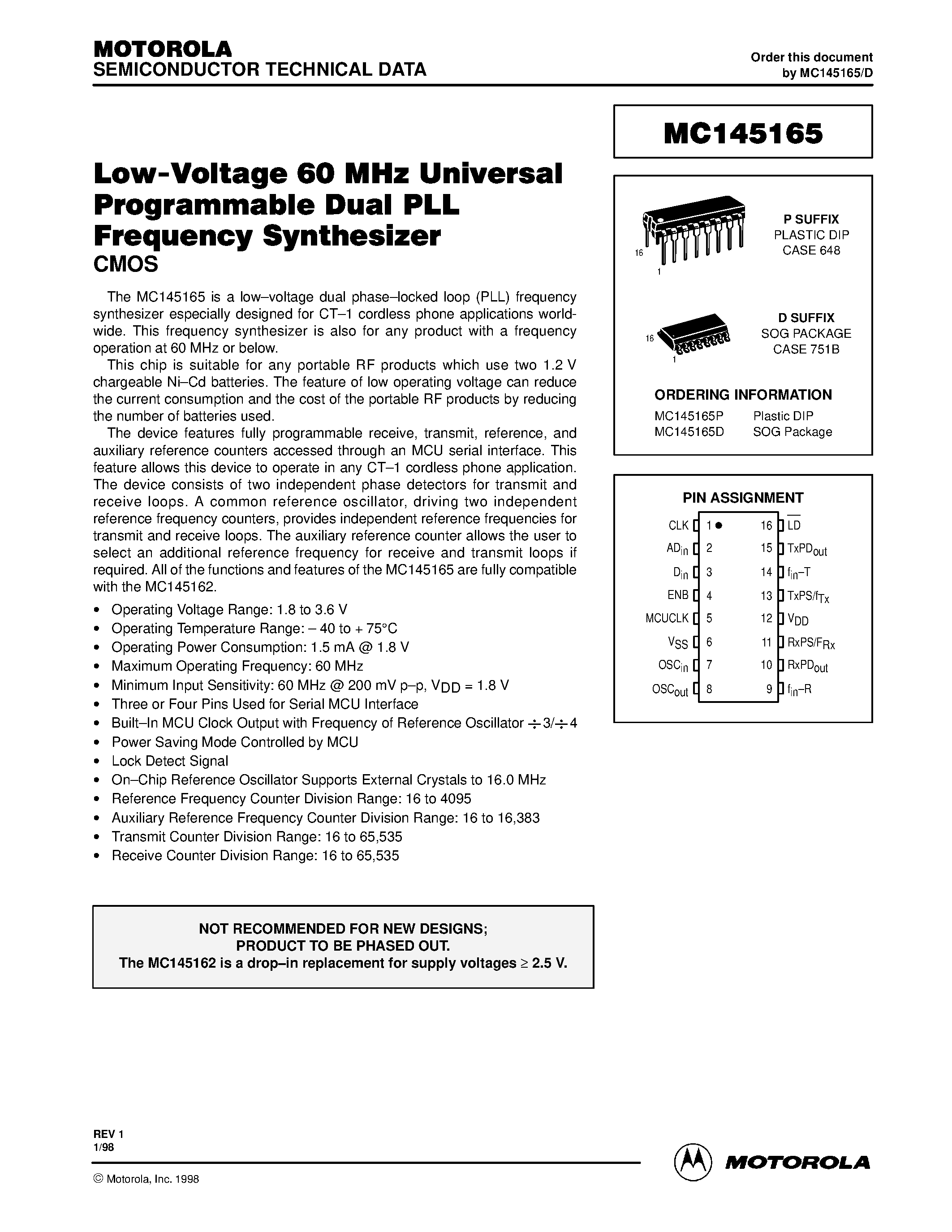 Даташит MC145165 - Low-Voltage 60 MHz Universal Programmable Dual PLL Frequency Synthesizer страница 1