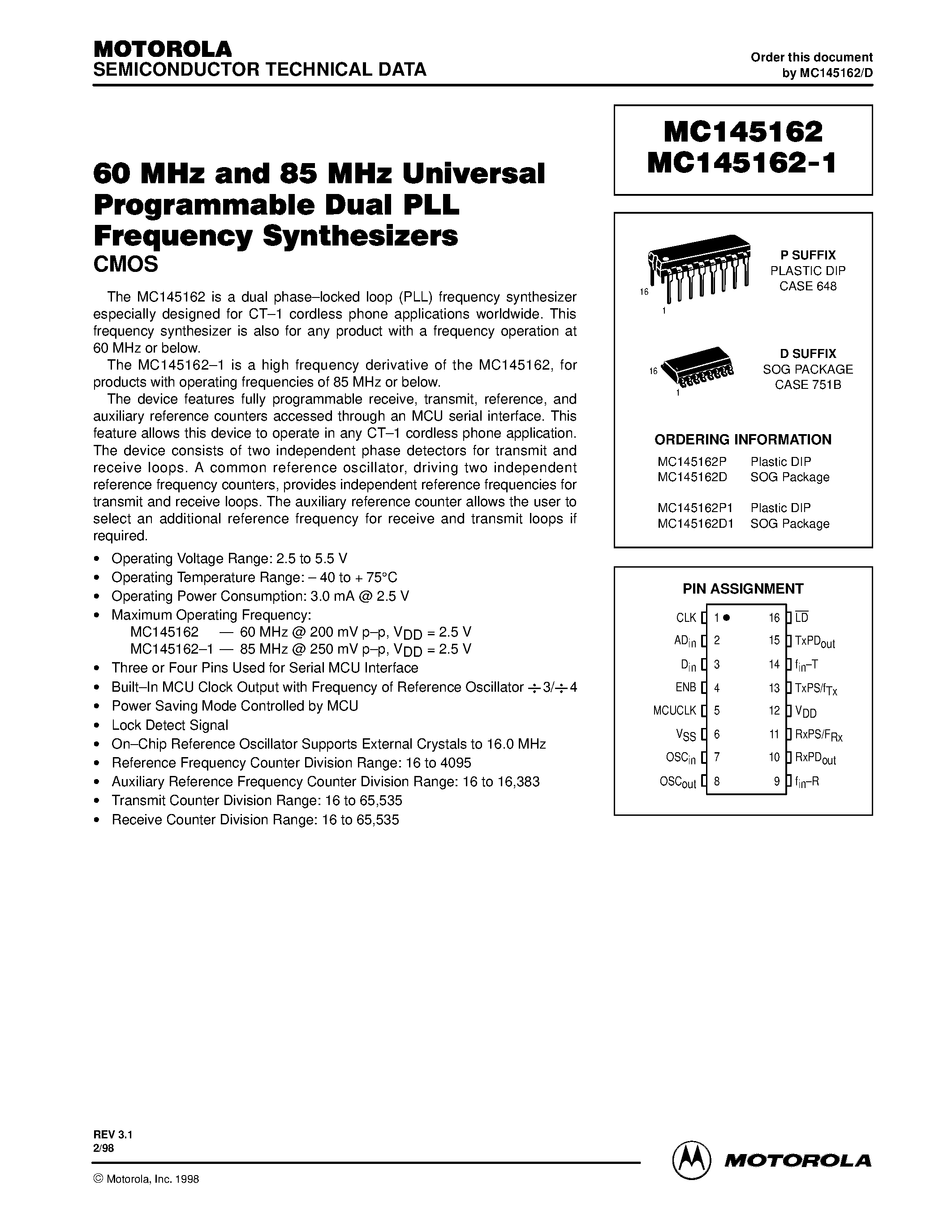 Даташит MC145162 - 60 MHz and 85 MHz Universal Programmable Dual PLL Frequency Synthesizers страница 1