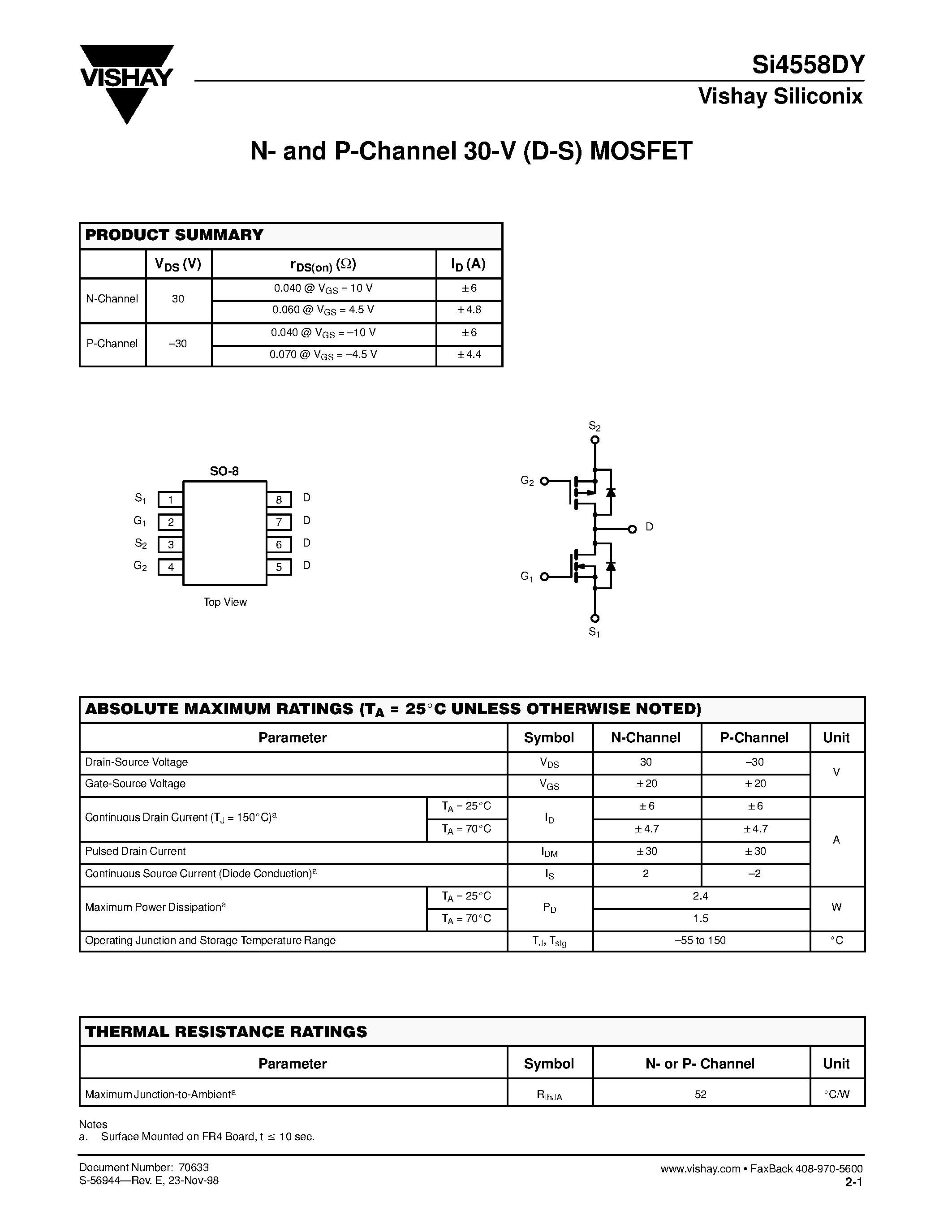 Даташит SI4558DY - N- and P-Channel 30-V (D-S) MOSFET страница 1