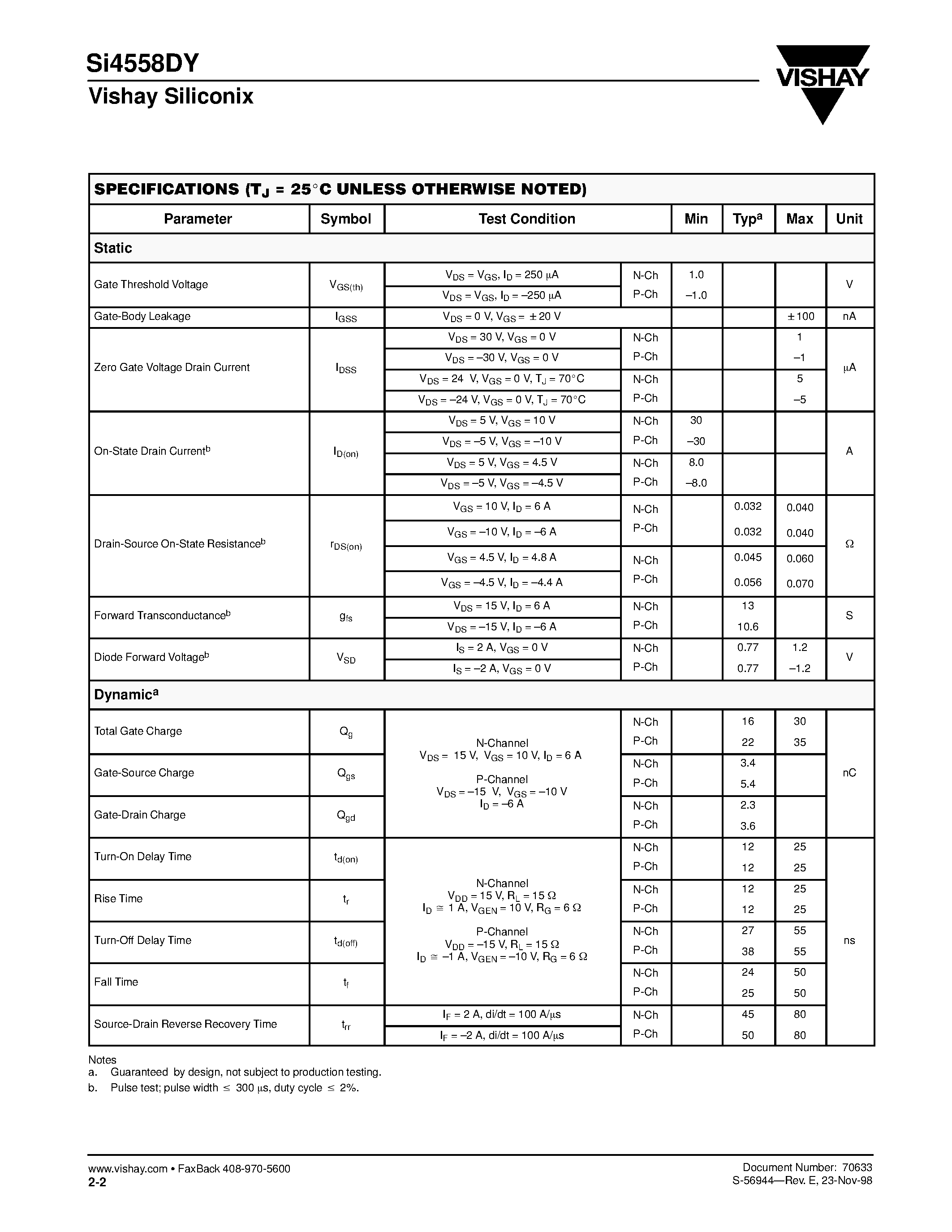 Даташит SI4558DY - N- and P-Channel 30-V (D-S) MOSFET страница 2