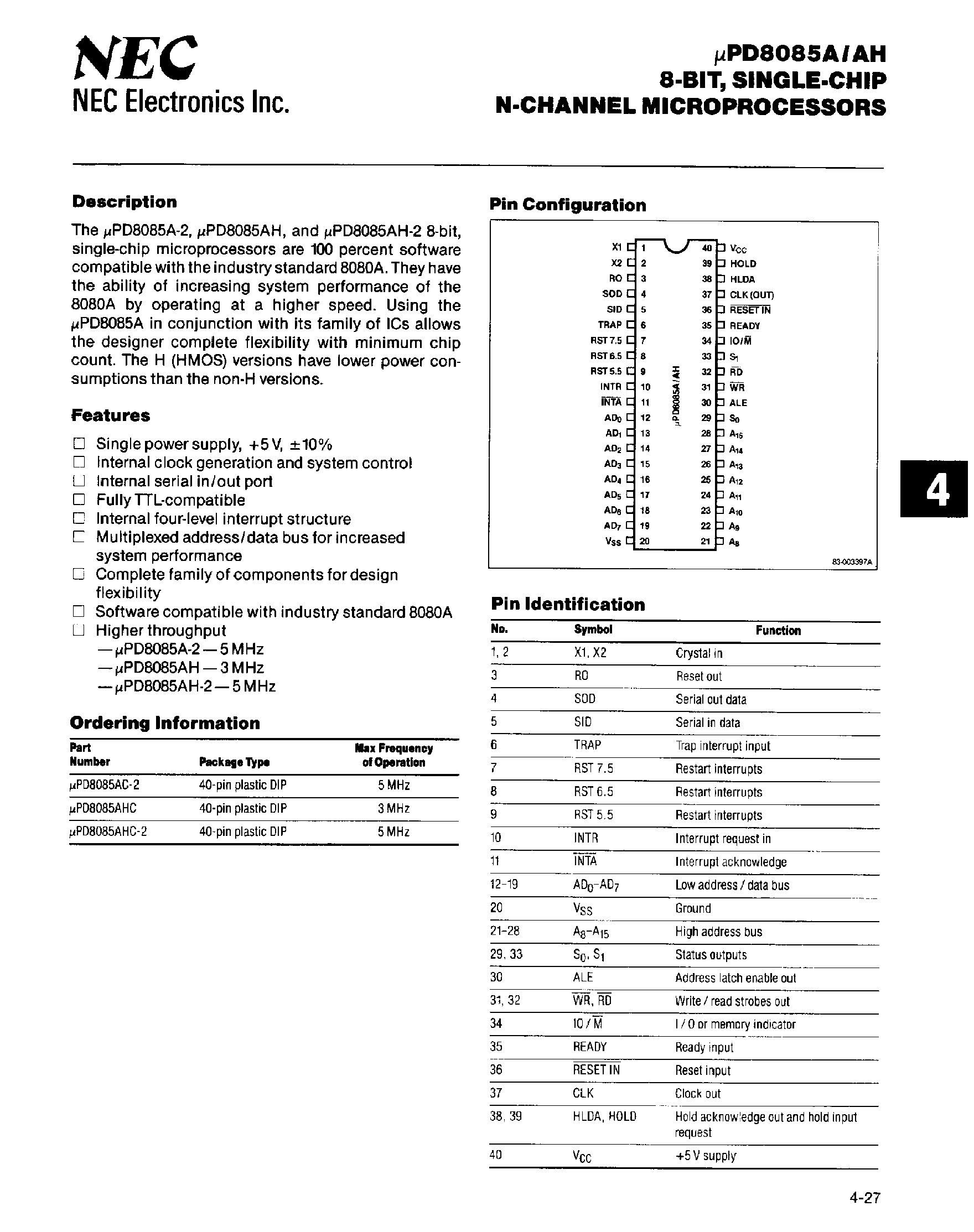 Даташит UPD78085A - 8 Bit Single-Chip N-Channel Micerprocessors страница 1