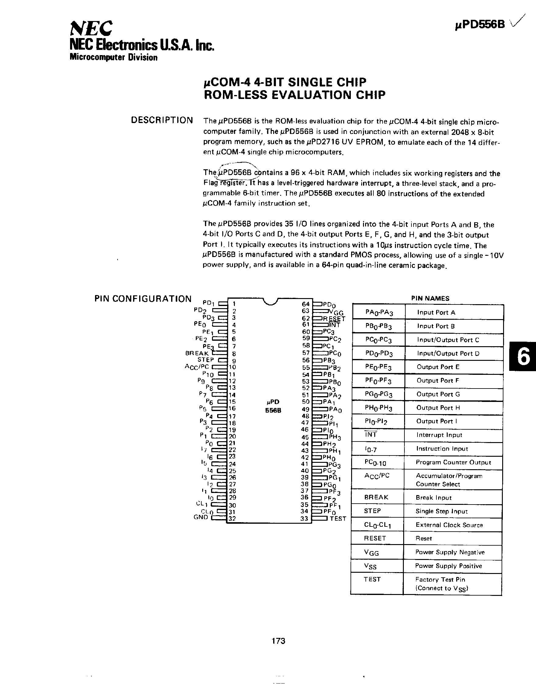 Datasheet UPD556B - 4 Bit Single-Chip ROM-LESS Evaluation Chip page 1