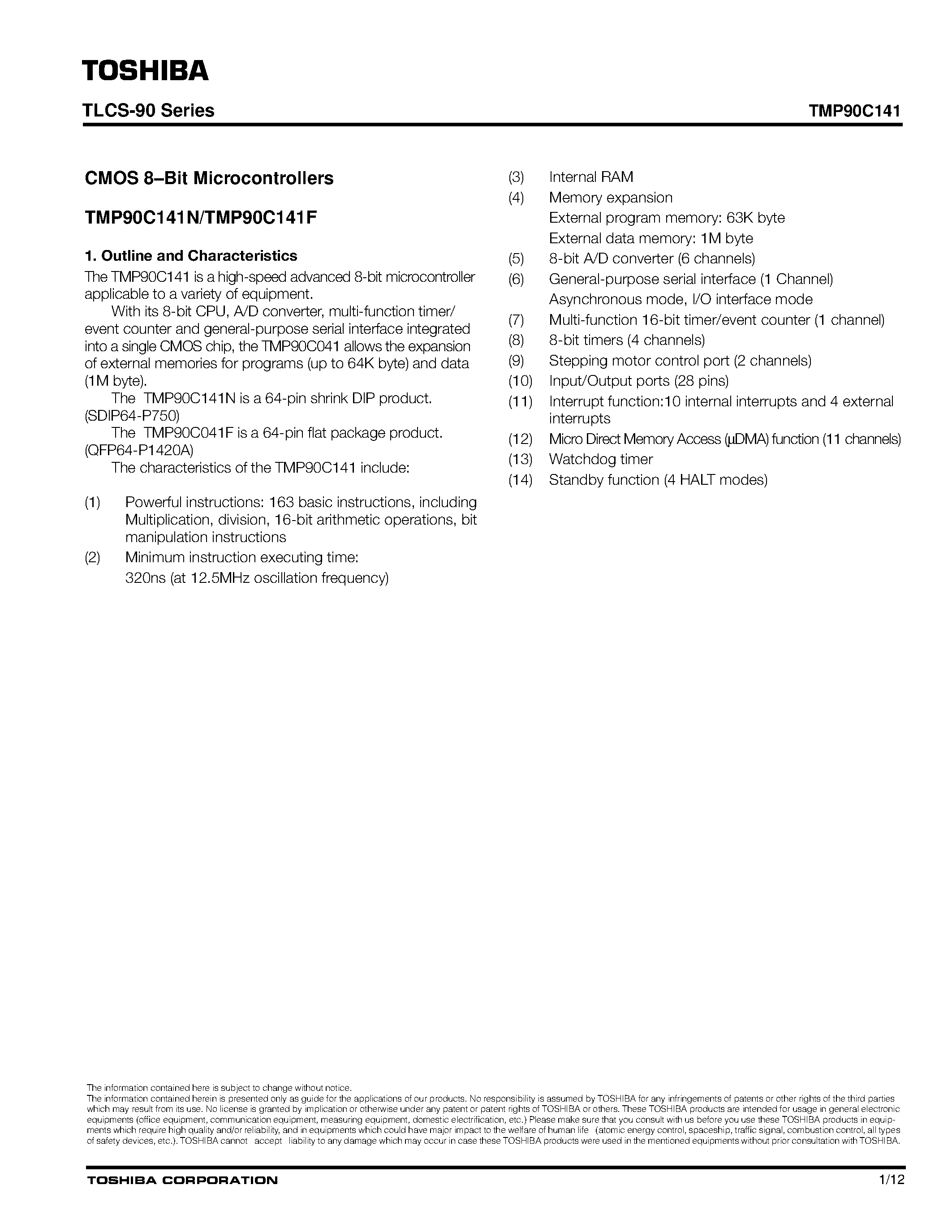 Даташит TMP90C141 - CMOS 8=Bit Microcontrollers страница 1