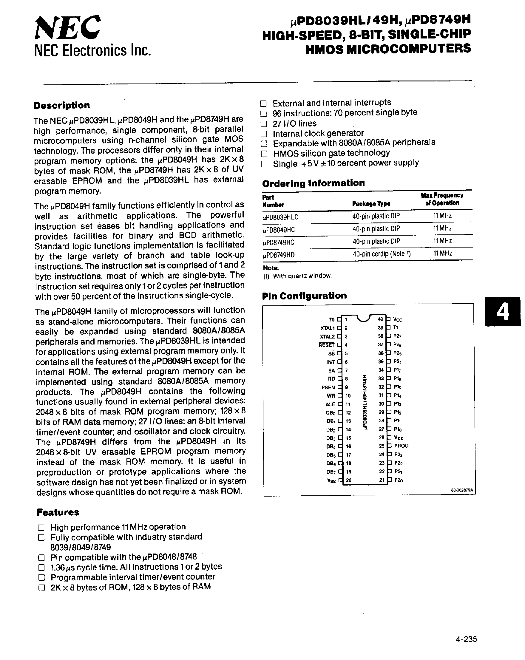 Даташит UPD8039H - High Speed 8 Bit Single-Chip HMOS Microcomputers страница 1