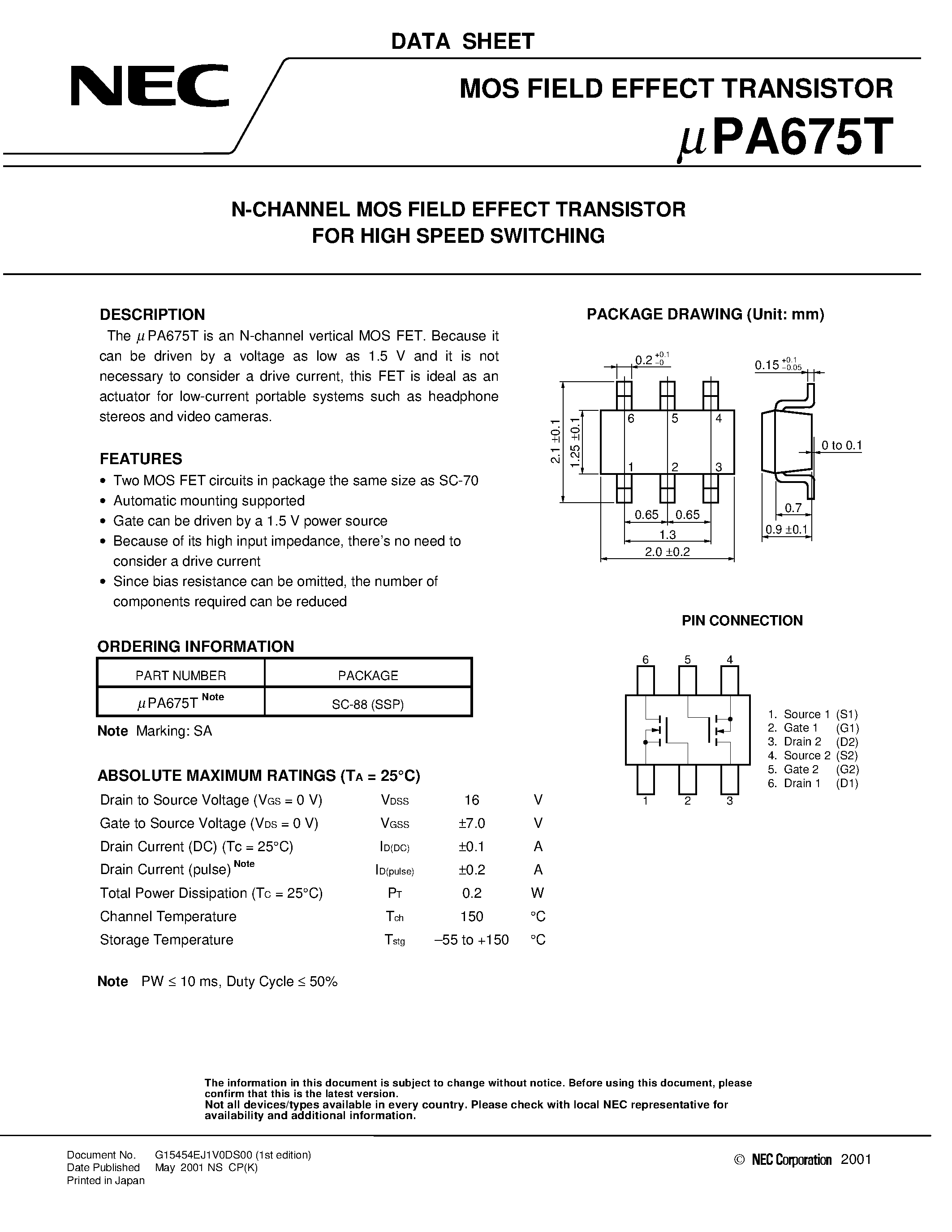 Даташит UPA675T - N-Channel MOS Field Effect Transistor страница 1