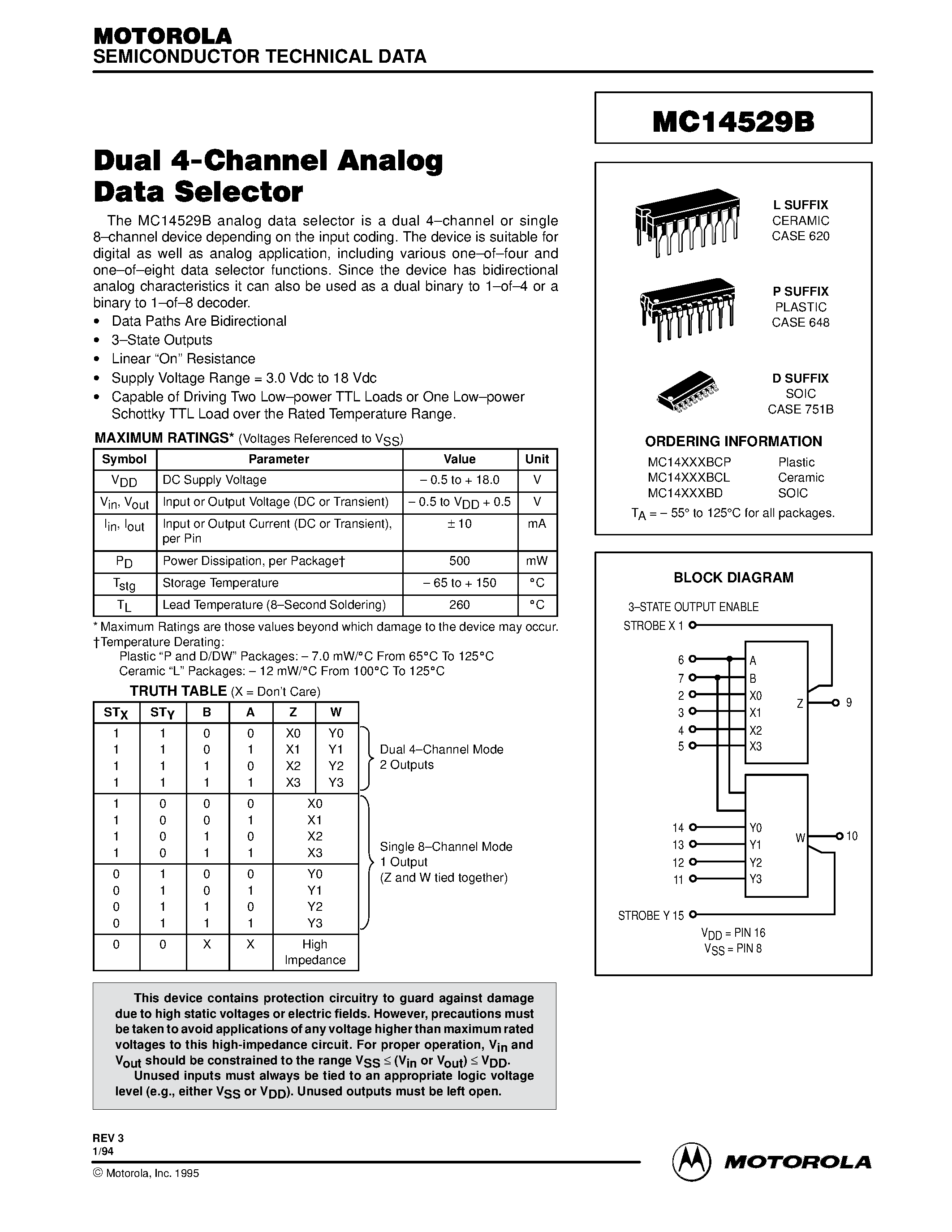 Даташит MC14529B - Dual 4-Channel Analog Data Selector страница 1