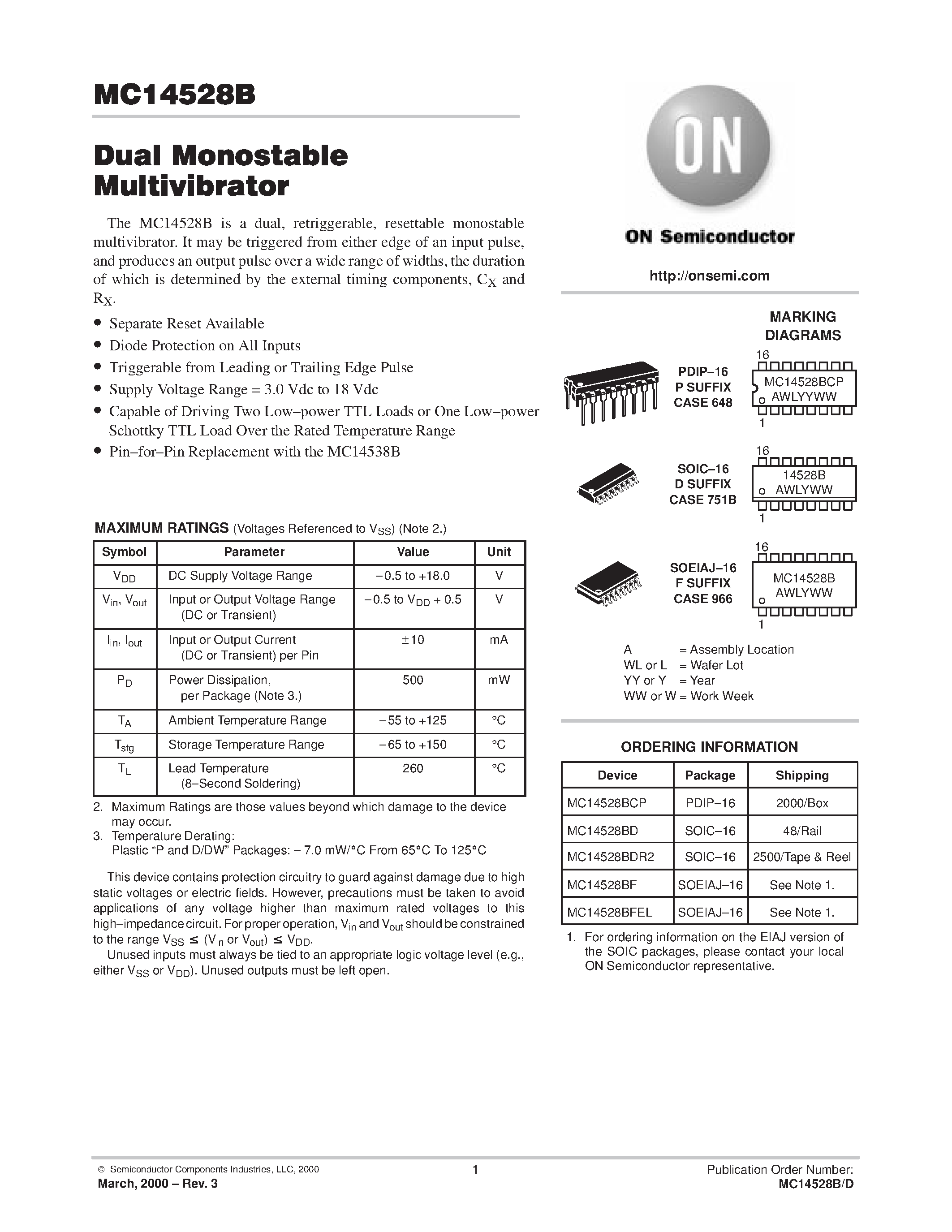 Даташит MC14528B - Dual Monostable Multivibrator страница 1