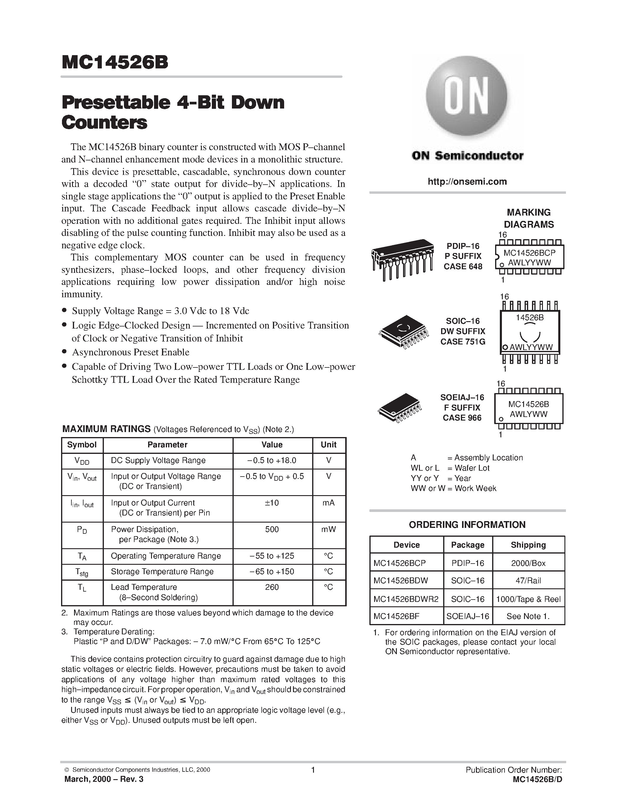 Даташит MC14526B - Presettable 4-Bit Down Counters страница 1