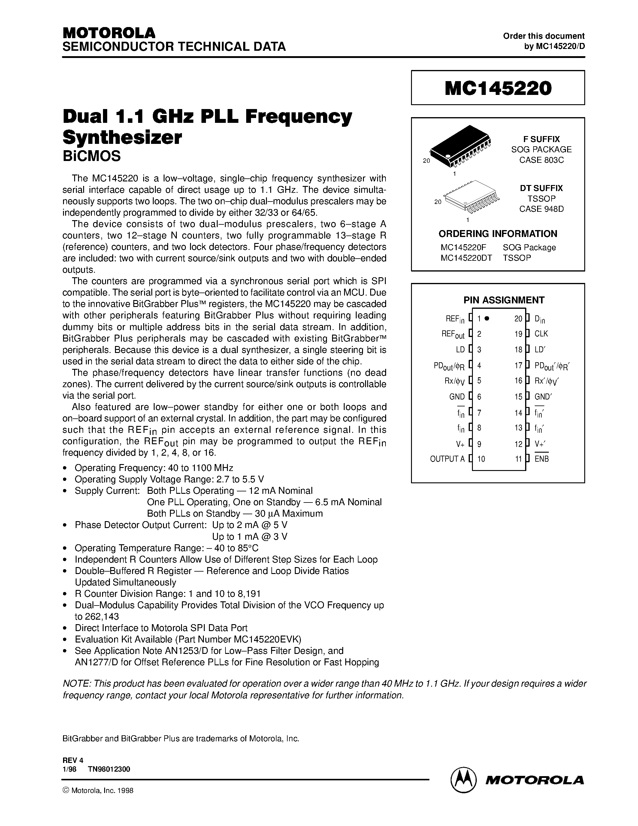 Даташит MC145220 - Dual 1.1 GHz PLL Frequency Synthesizer страница 1