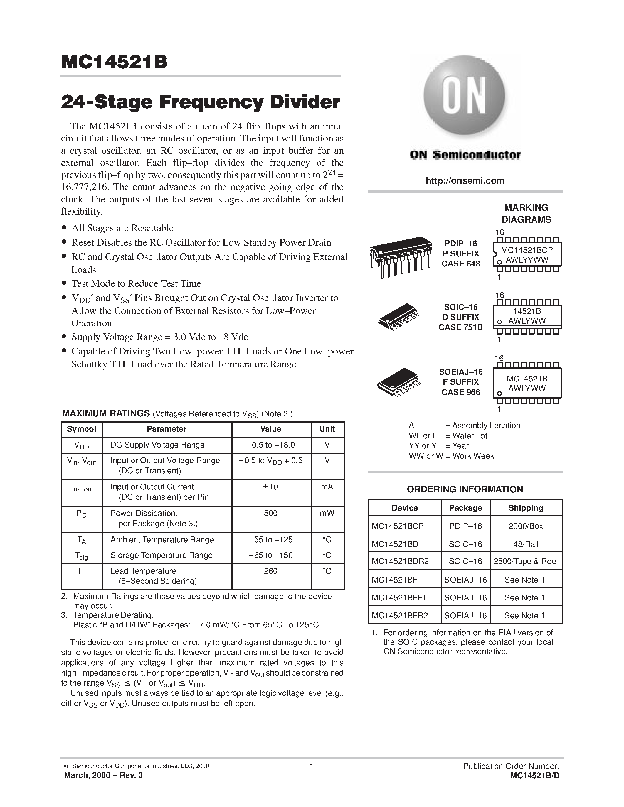 Даташит MC14521B - 24-Stage Frequency Divider страница 1