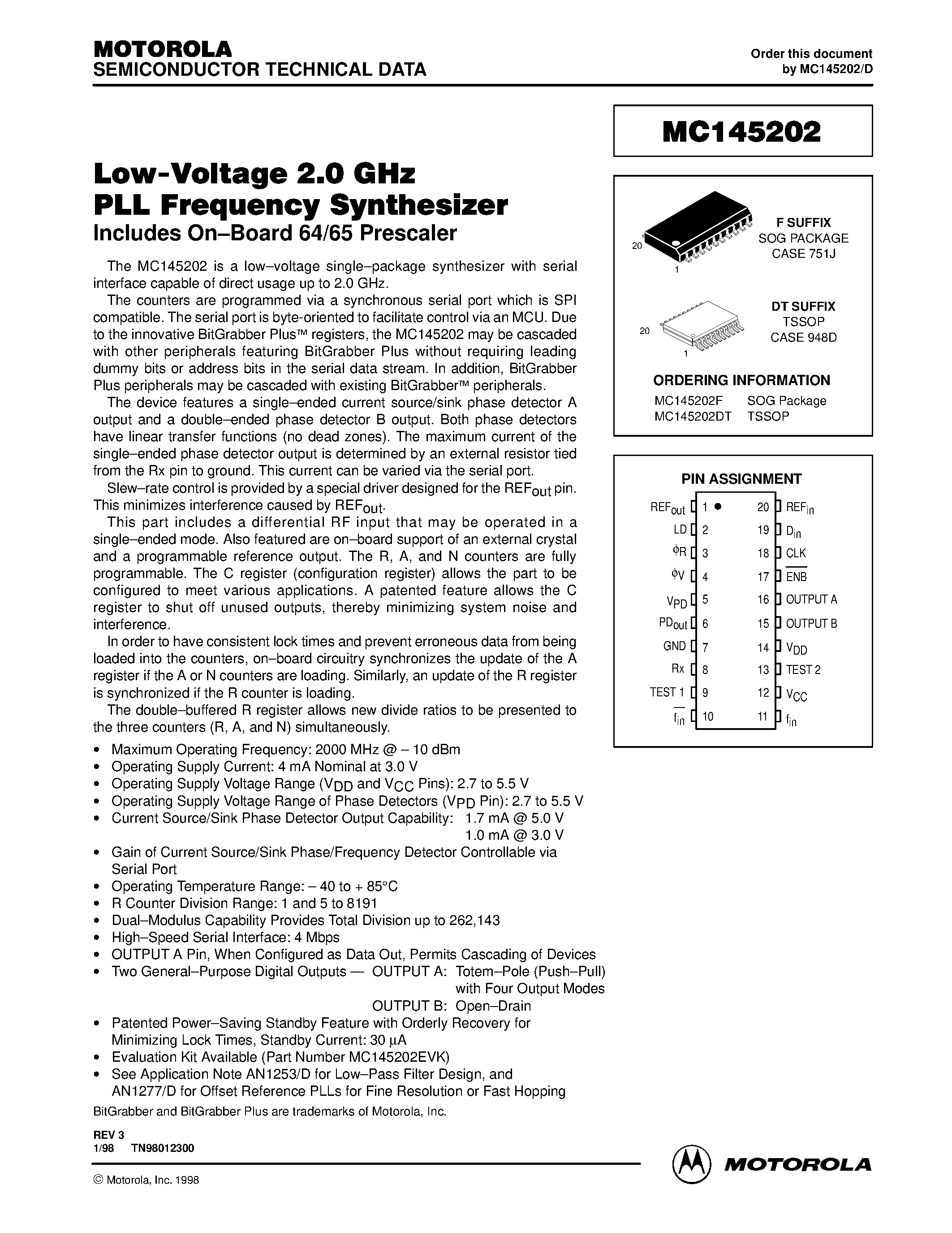 Даташит MC145202 - Low-Voltage 2.0 GHz PLL Frequency Synthesizer страница 1