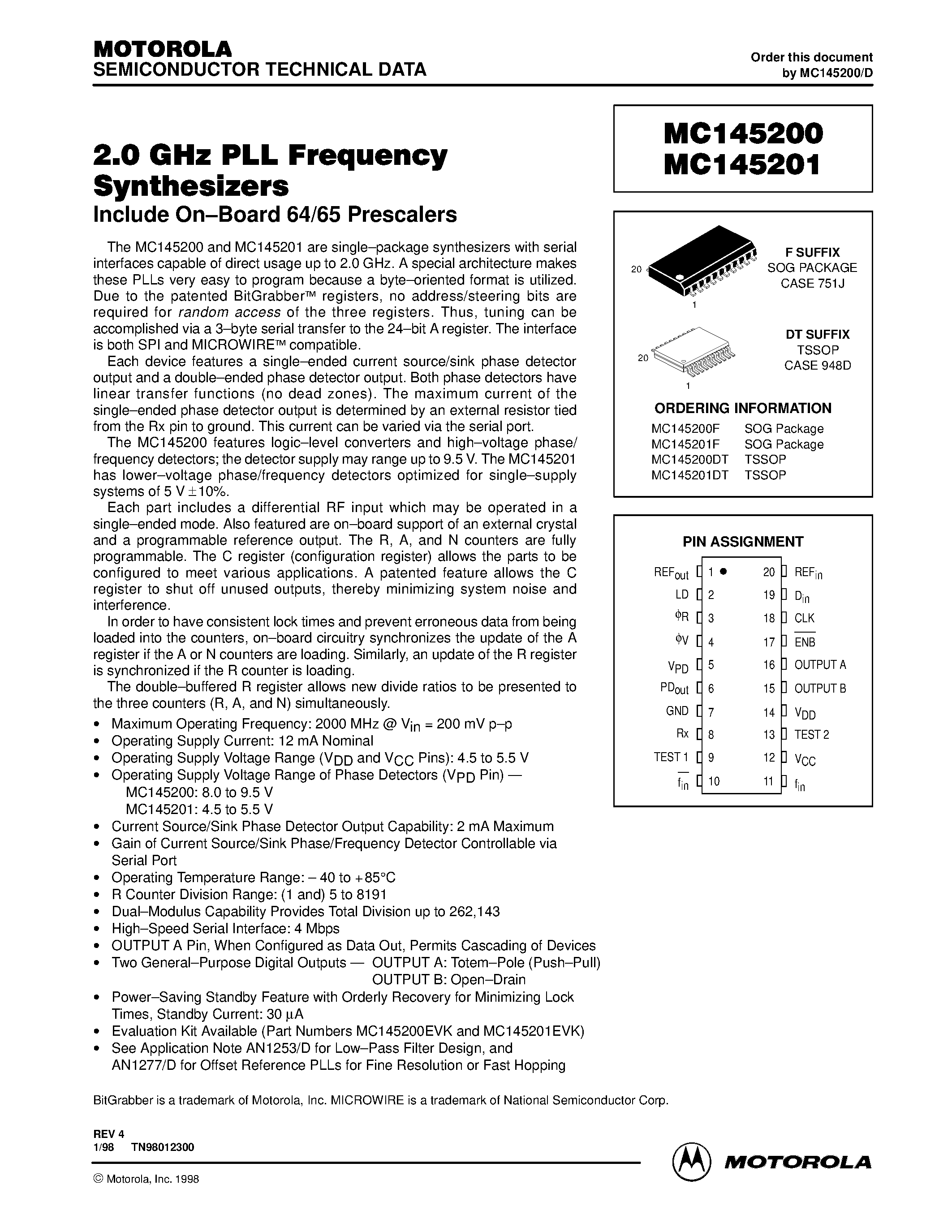 Даташит MC145201 - 2.0 GHz PLL Frequency Synthesizers страница 1