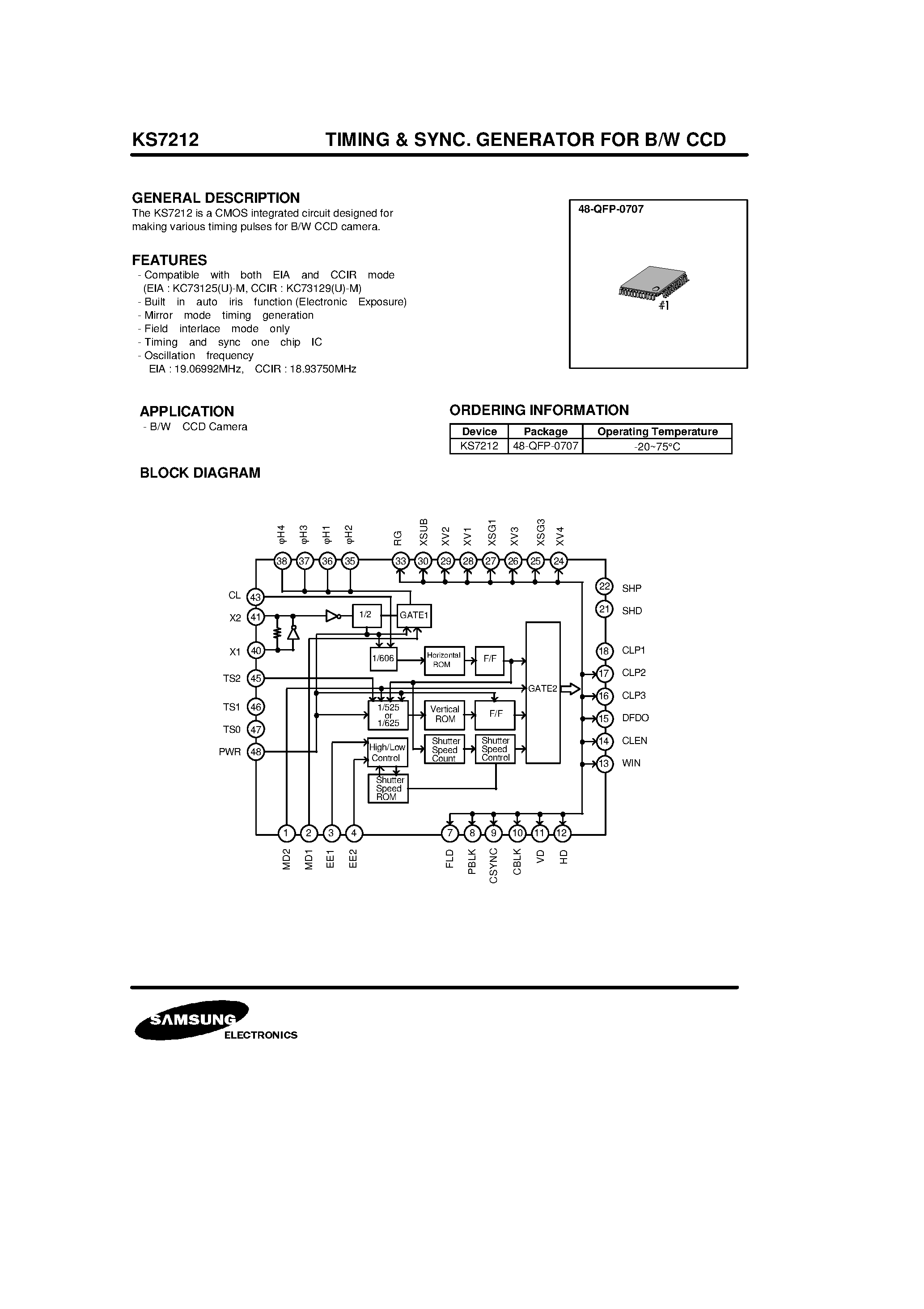 Datasheet KS7212 - TIMING & SYNC. GENERATOR FOR B/W CCD page 1