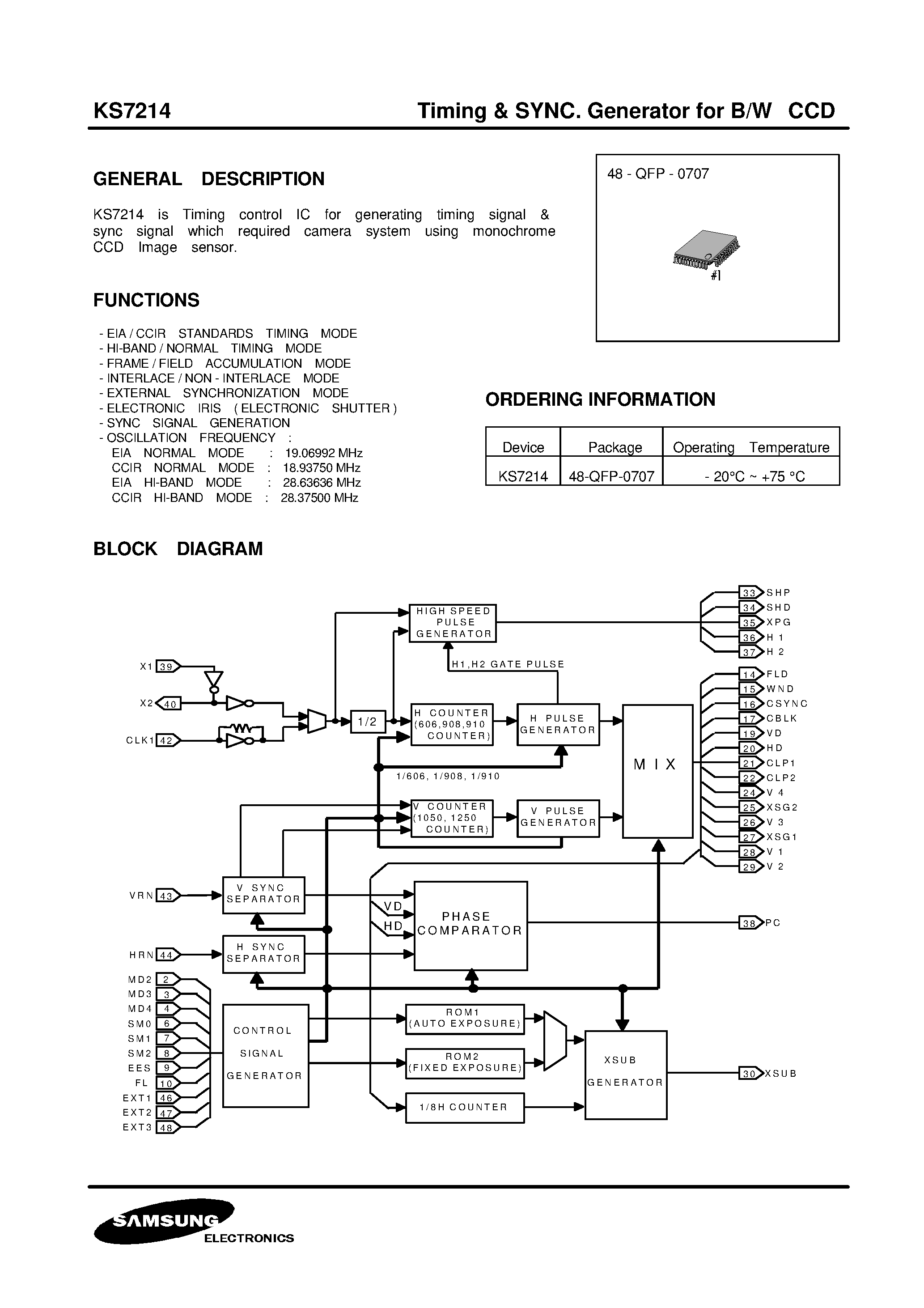 Datasheet KS7214 - TIMING & SYNC. GENERATOR FOR B/W CCD page 1