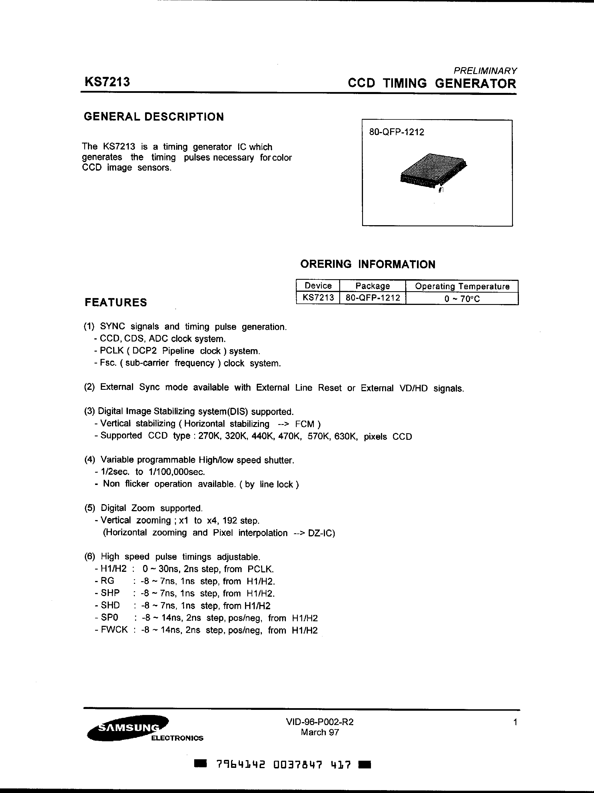 Datasheet KS7213 - TIMING & SYNC. GENERATOR FOR B/W CCD page 1