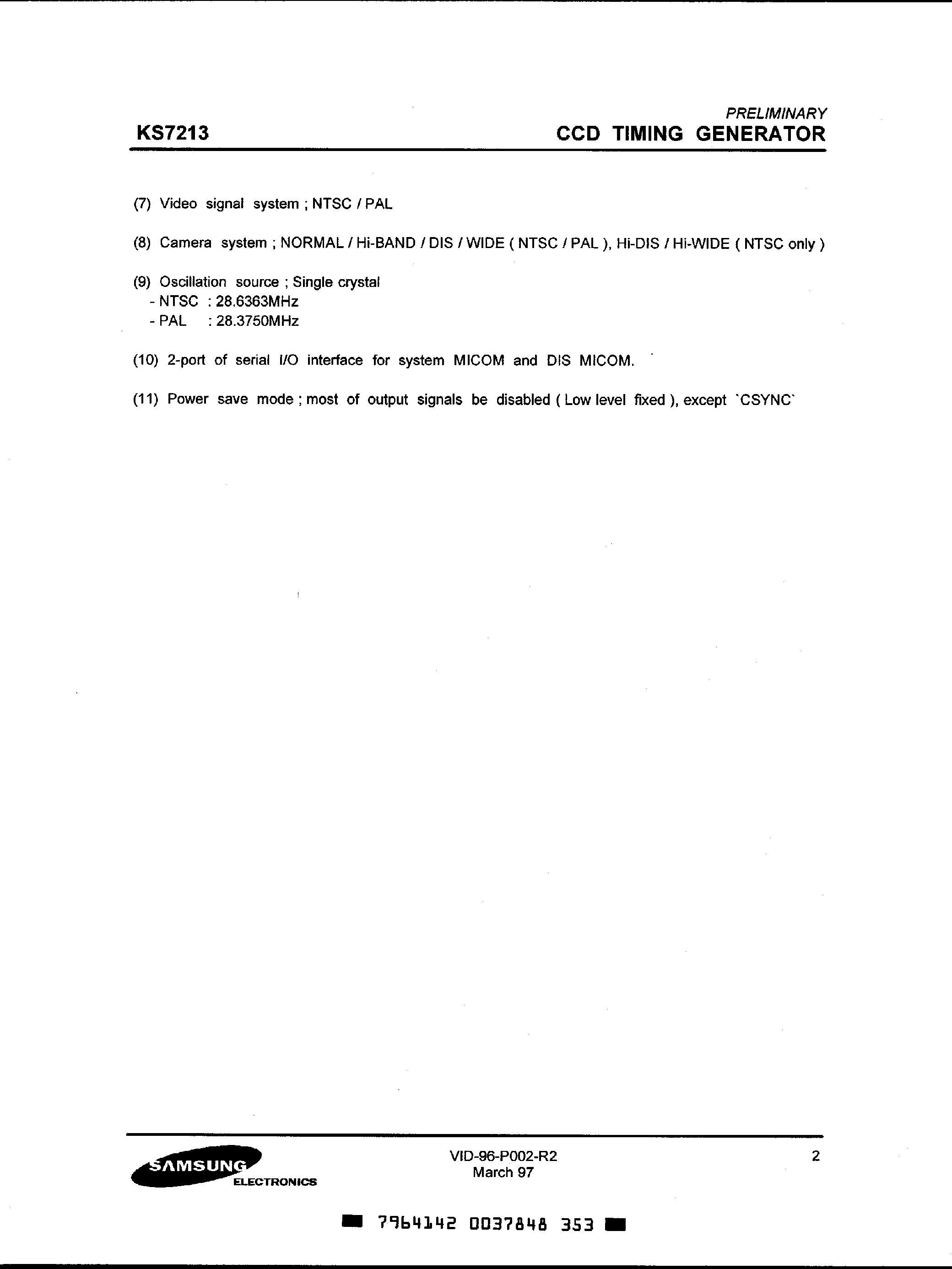 Datasheet KS7213 - TIMING & SYNC. GENERATOR FOR B/W CCD page 2