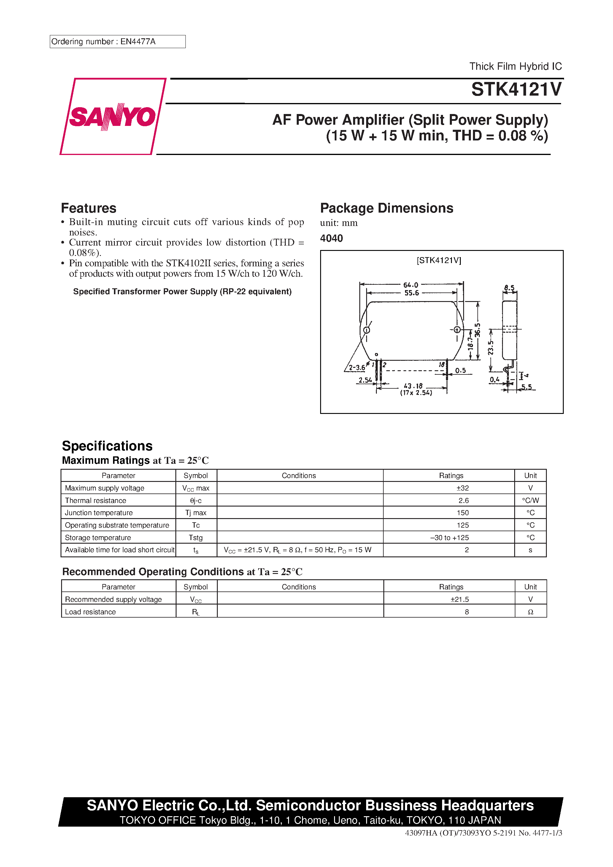 Datasheet STK4121V - AF Power Amplifier page 1