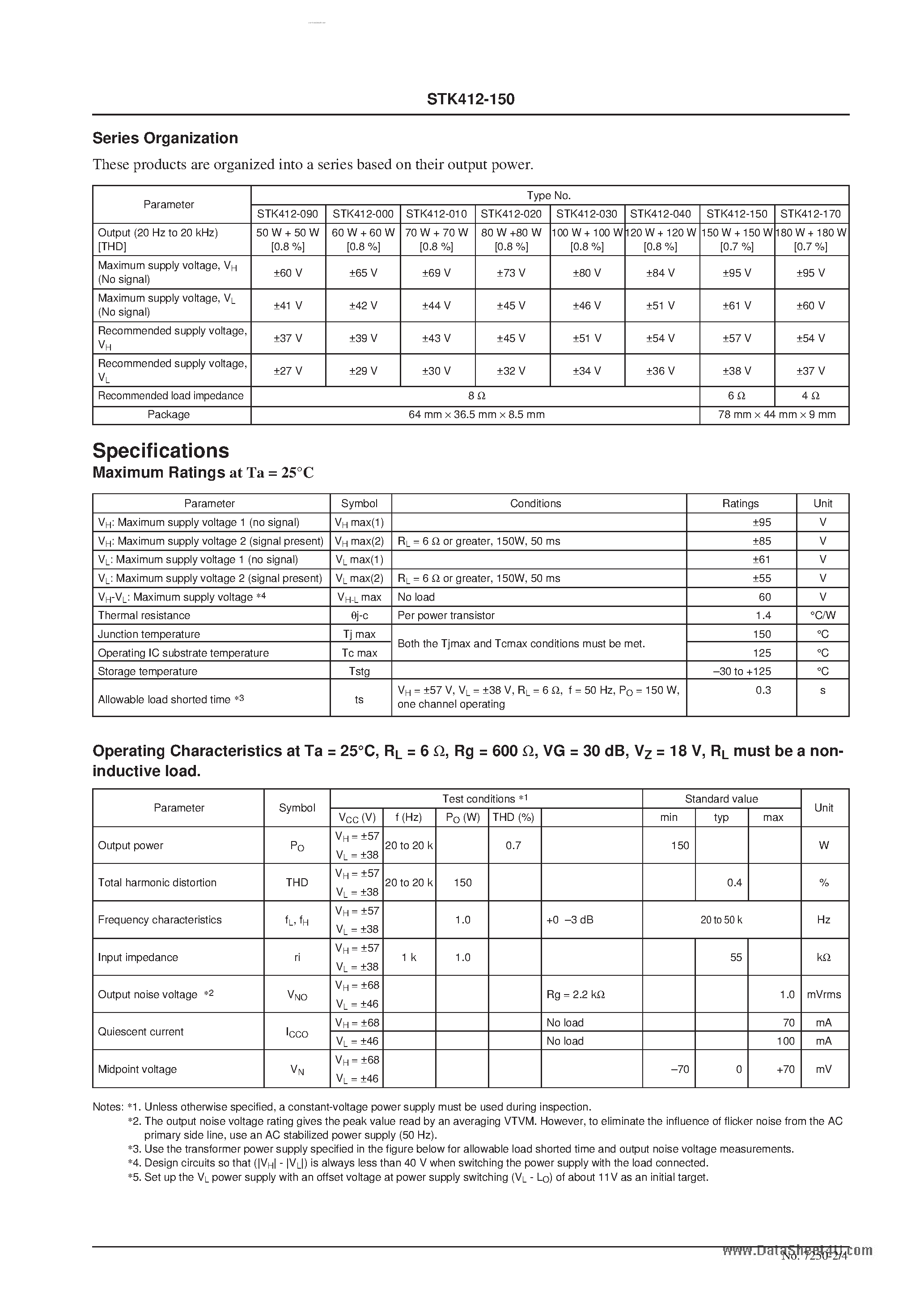 Datasheet STK412-150 - Two-Channel Shift Power Supply Audio Power Amplifier ICs 150W + 150W page 2