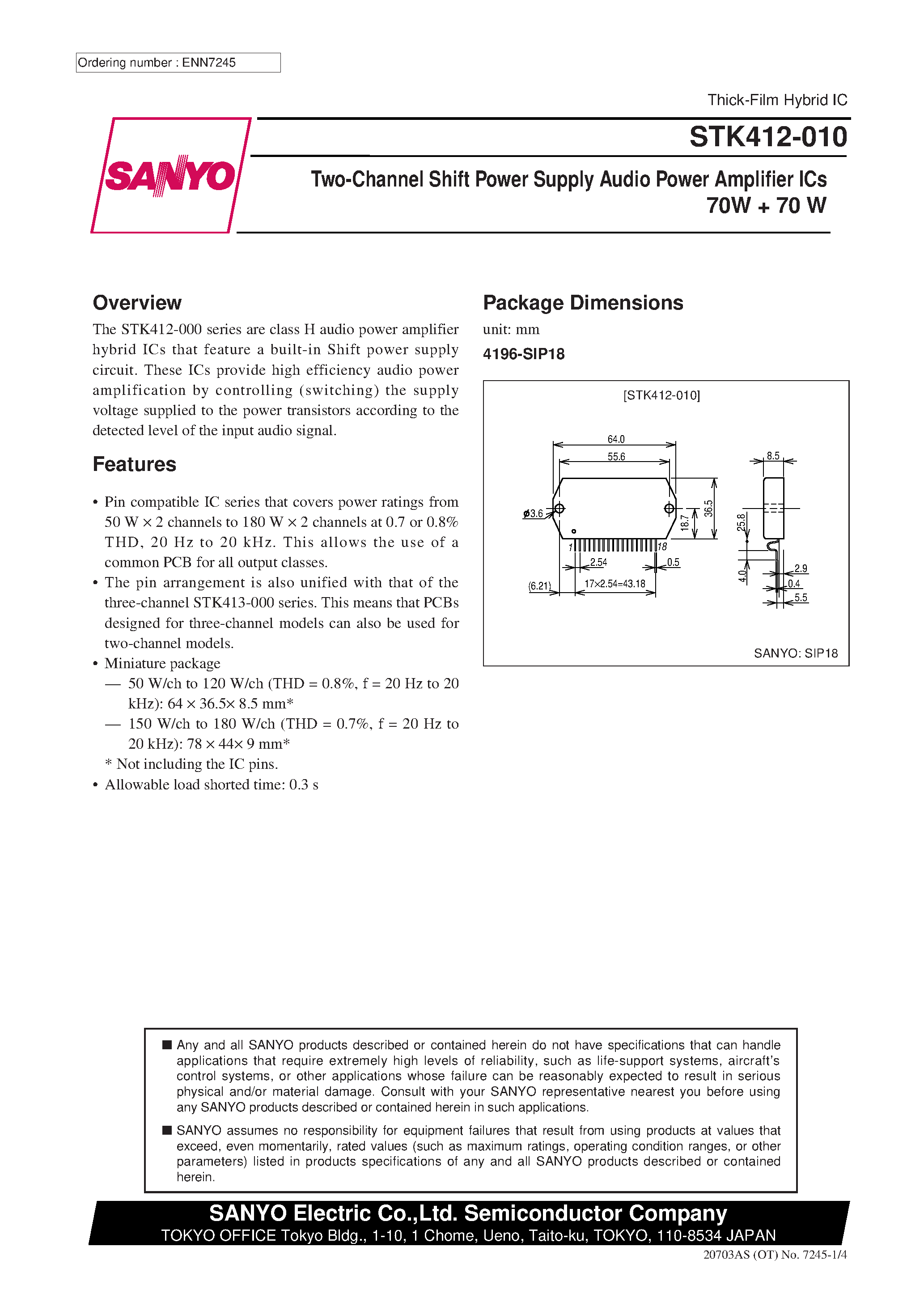 Datasheet STK412-010 - Two-Channel Shift Power Supply Audio Power Amplifier ICs(70W + 70 W) page 1