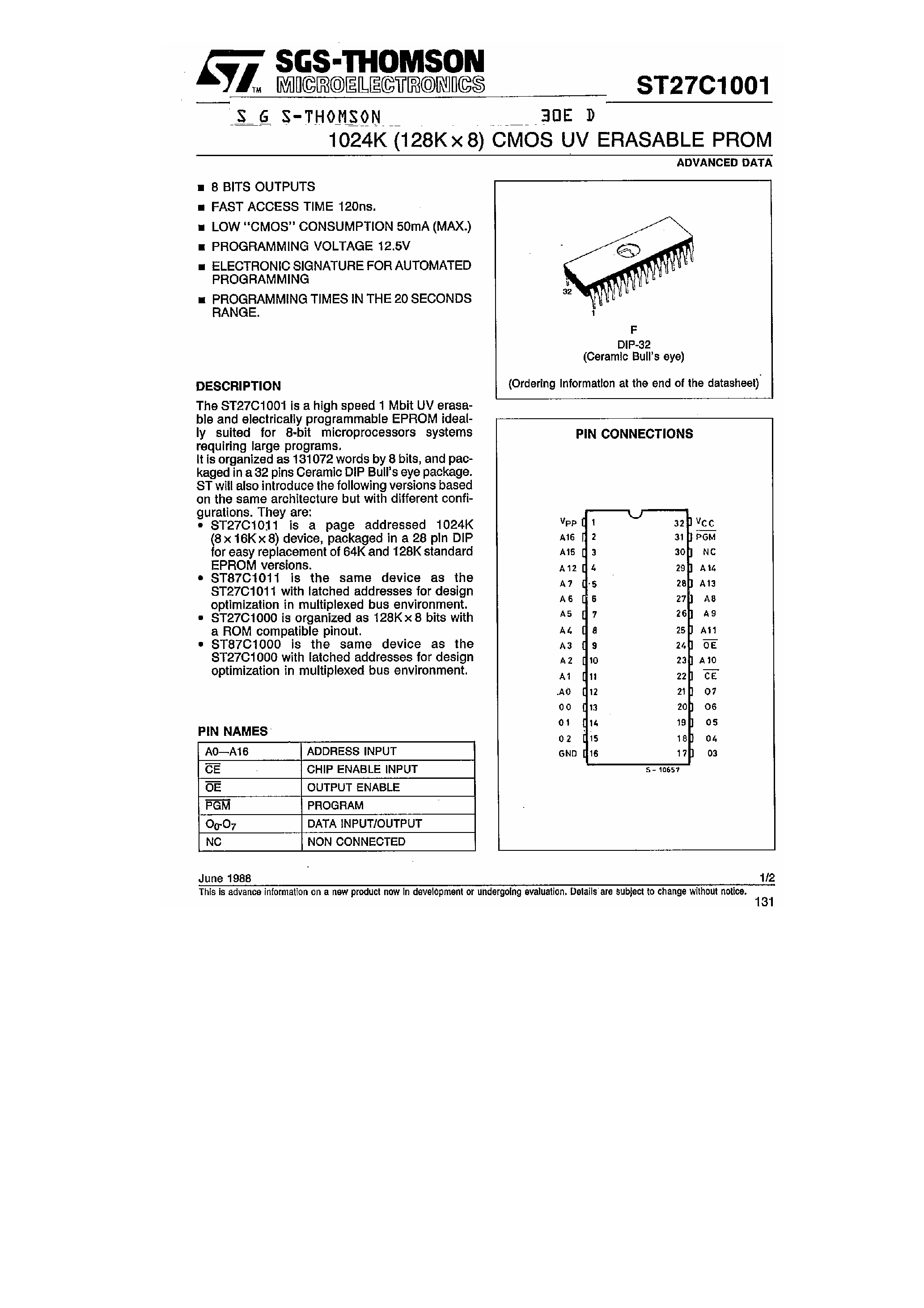 Даташит ST27C1001 - 1024K CMOS UV Erasable PROM страница 1