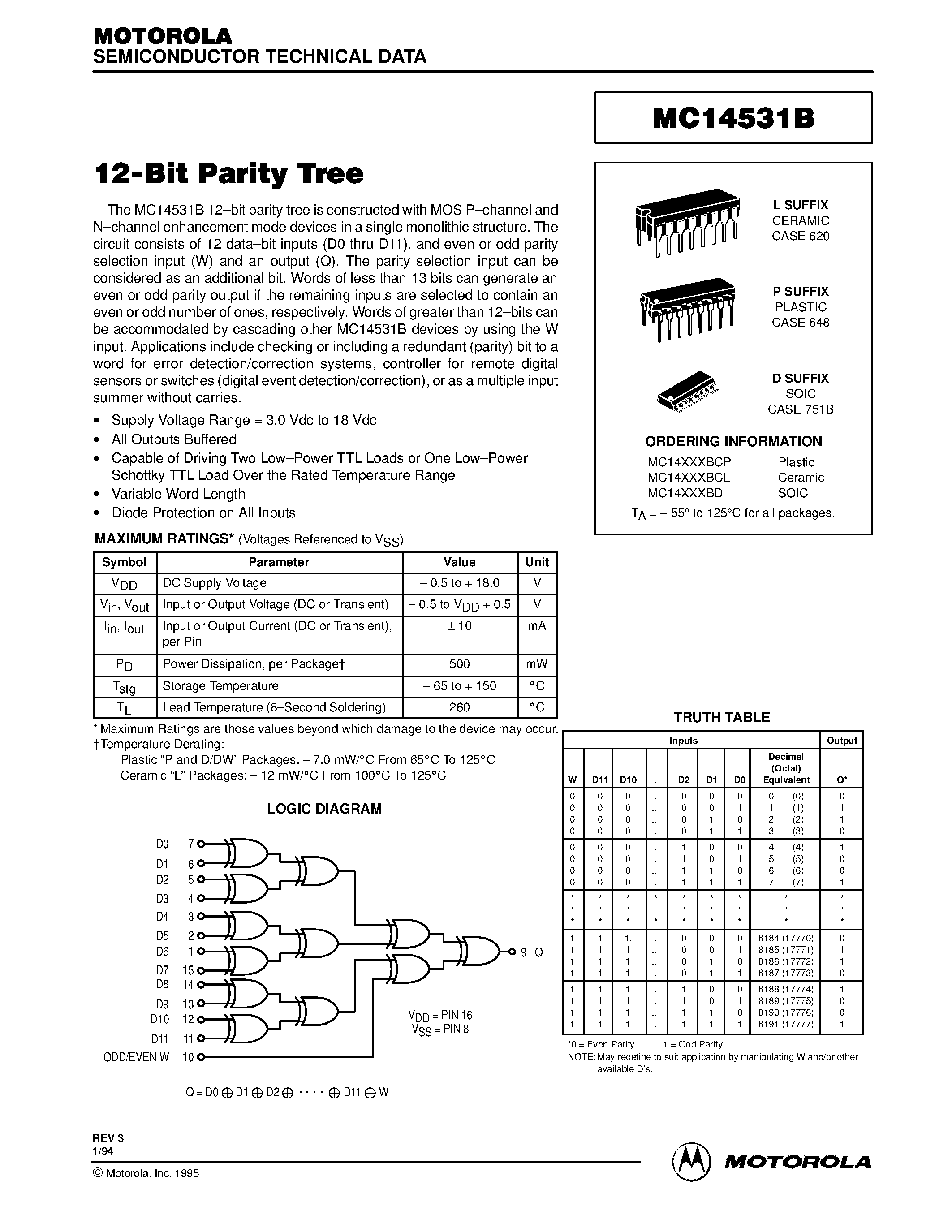 Даташит MC14531B - 12-Bit Parity Tree страница 1